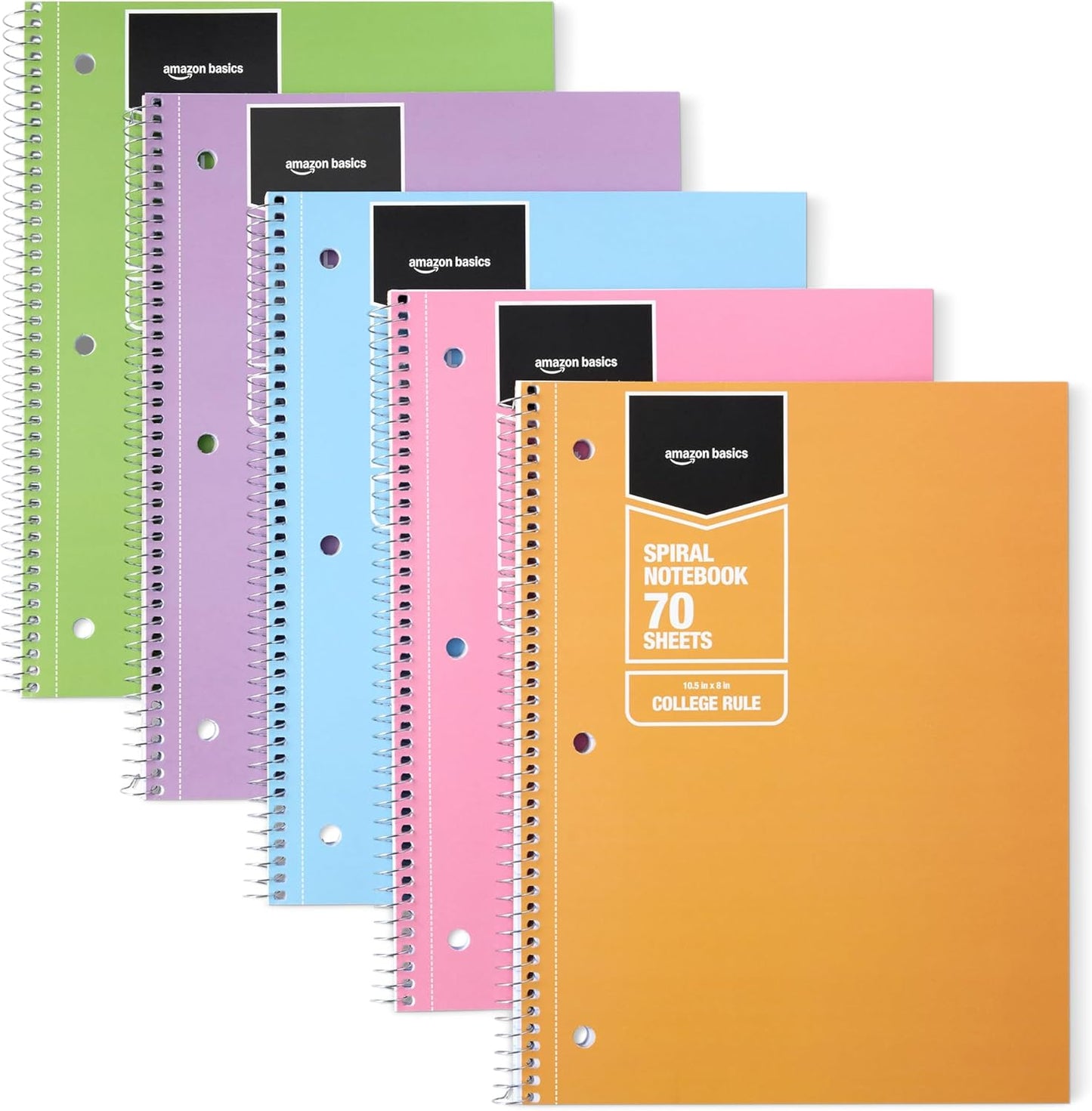 Amazon Basics College Ruled Spiral Notebook, 70 Sheets, 10.5" x 8", 5 pack, Assorted Pastel Solid Colors