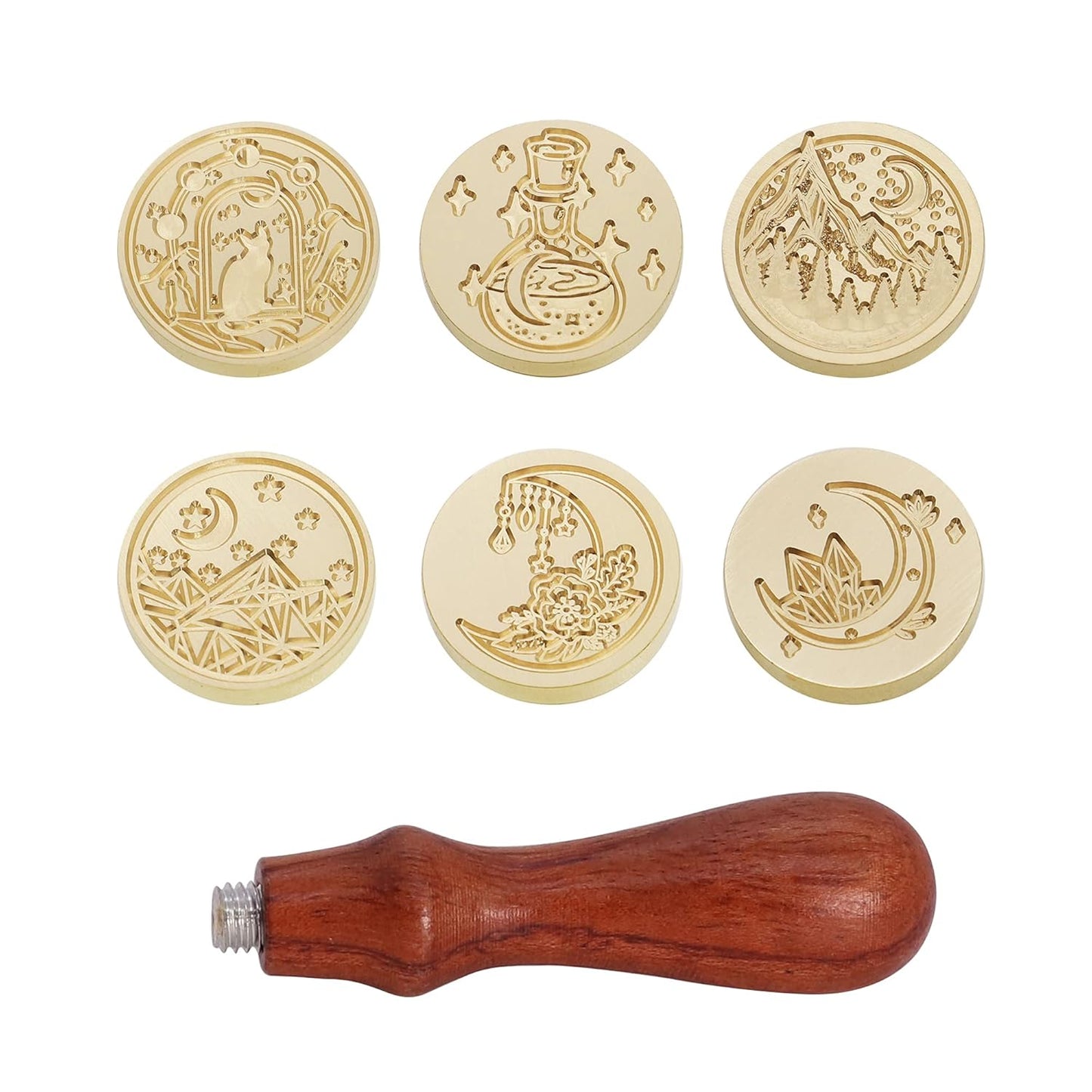 SWANGSA Wax Seal Stamp Set, Vintage 6 Pieces Moon Series Sealing Stamp Heads and 1 Wooden Handle Wax Seal Kit