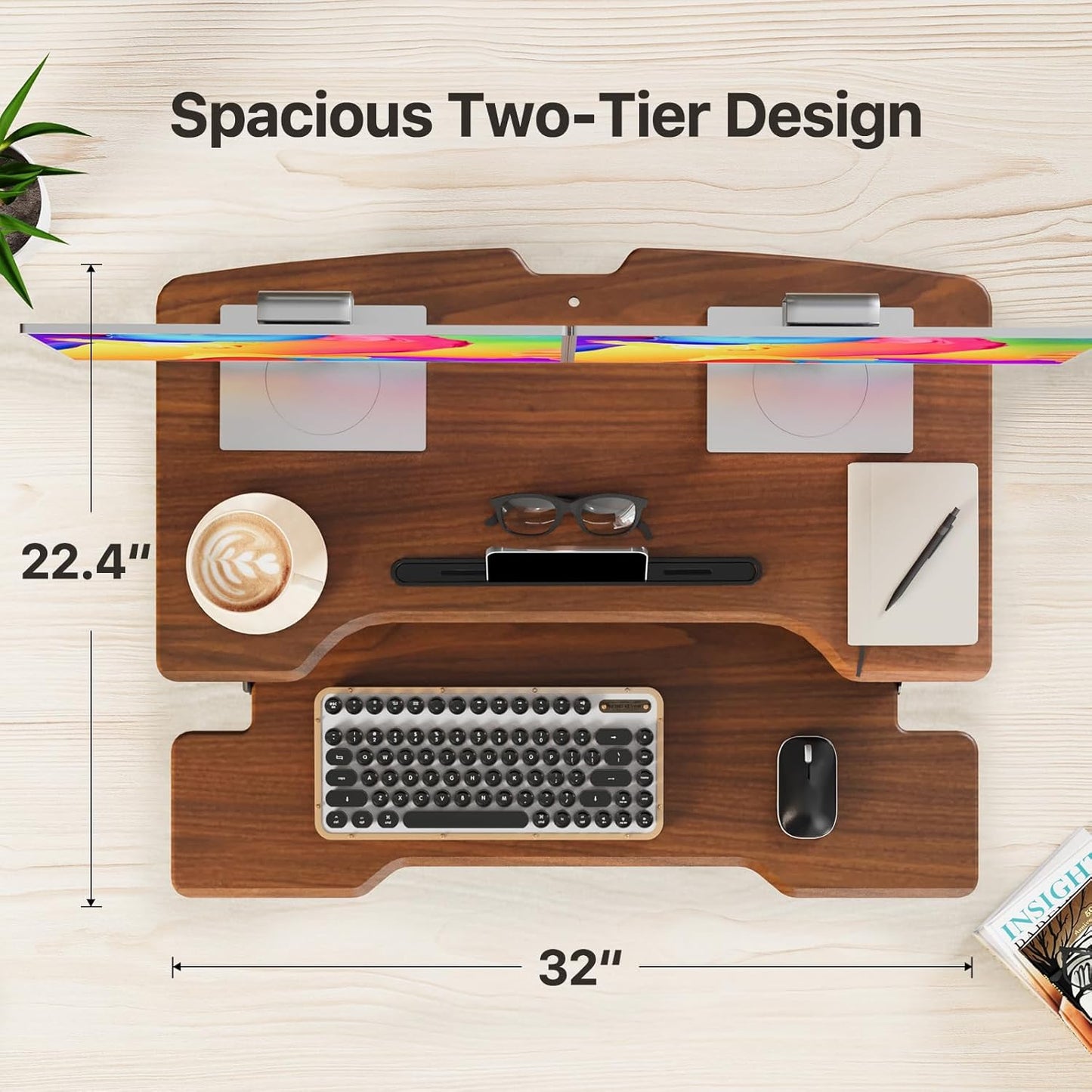 Standing Desk Converter 32 inch, Height Adjustable Sit Stand Desk Riser, Quick Sit to Stand Tabletop Dual Monitor Riser Workstation for Home Office with Keyboard Tray, Dark Wood