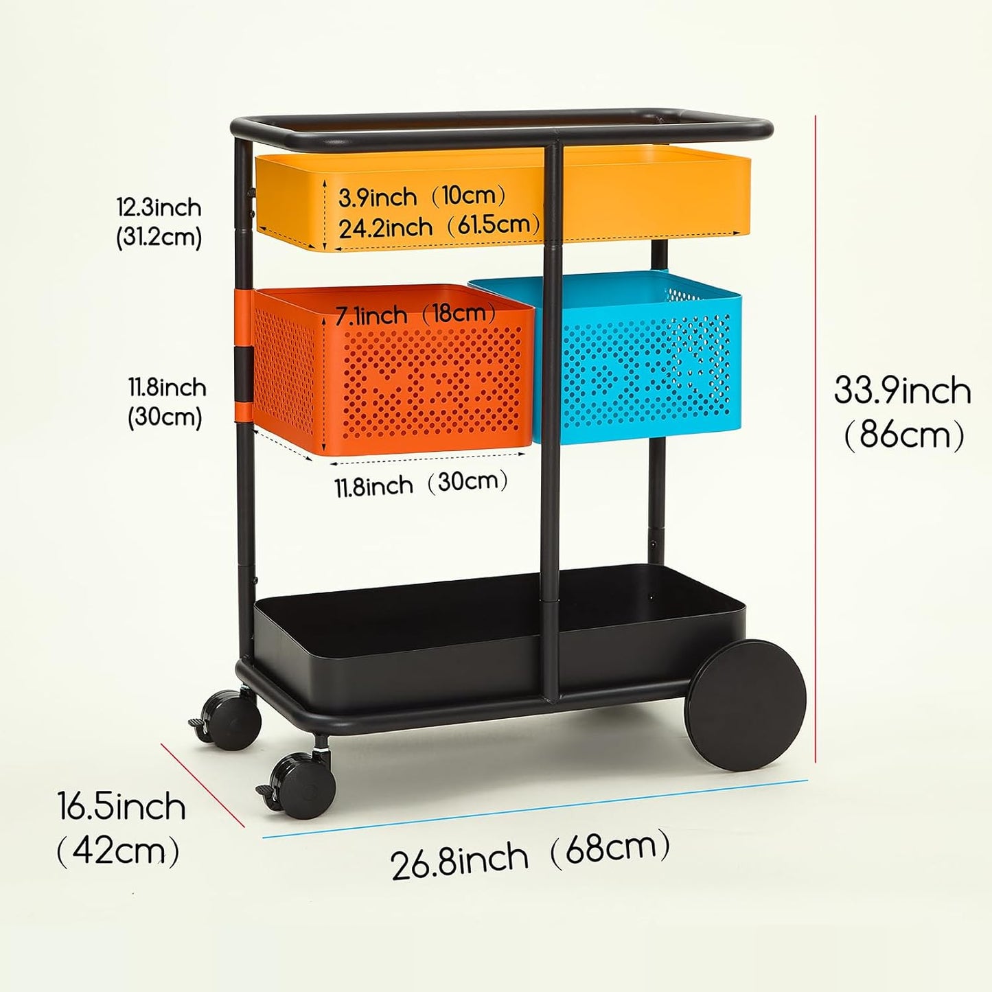 MEEDEN 3 Tier Rolling Utility Cart: Metal Heavy Duty Storage Cart Organizer with Wheels - Portable Tool Trolley for Home Office Kitchen