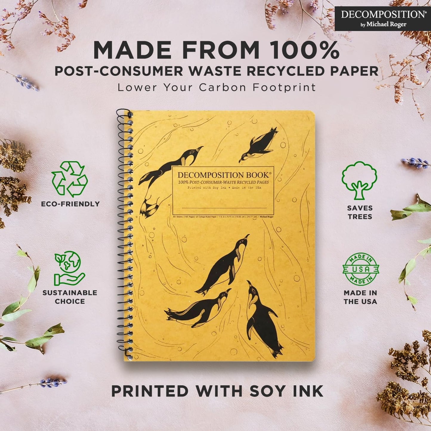 Decomposition 3-Pack Feathered Friends College Ruled Spiral Notebook - 9.75 x 7.5 Journal, 160 Lined Pages - 100% Recycled Paper - Notebooks for School Supplies, Home & Office - Made in USA