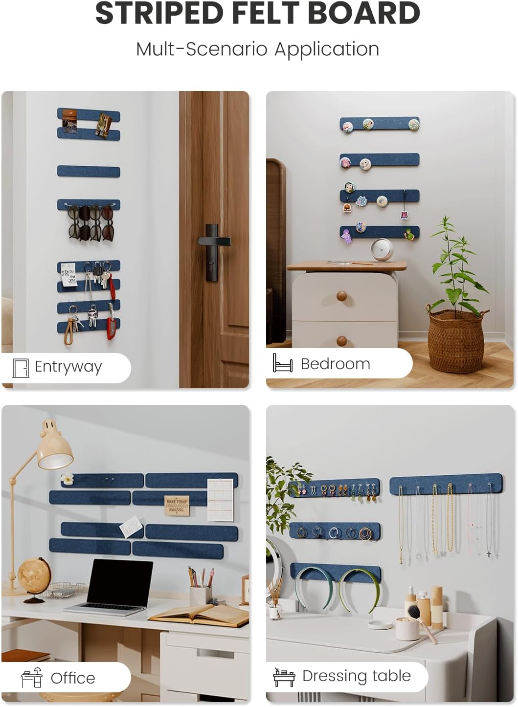 Cork Board Alternative Felt Strip Board 8-Pack 13"x2", Office Pin Board with 50 Push Pins, Adhesive Install for Bedroom Door & Home Office(Denim Blue)