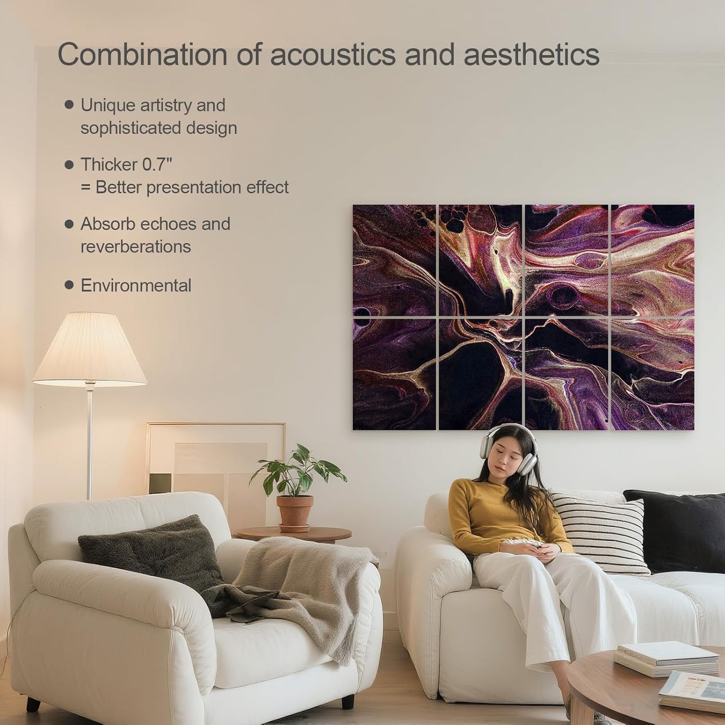UMIACOUSTICS 8 Pcs 0.7Inch Thick Art Acoustic Panels, Total 47.2” x 31.5” Decorative Sound Absorbing Art Panels, Acoustical Wall Panels for Home, Office, Hotel, Lit-Purple