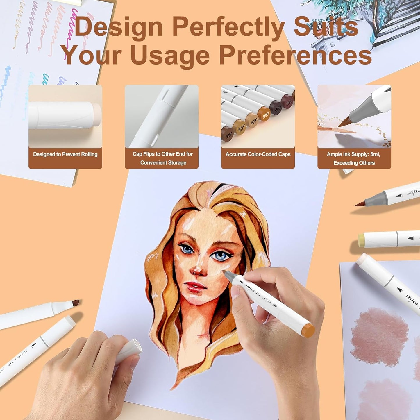 SFAIH Skin Tone Alcohol Markers Brush Tip - 12 Dark Skin Colors Double Tipped Art Markers for Artist Adult Coloring Illustration, Gifts for Artist Adult, Dual Tip Brush & Chisel - Refillable Ink