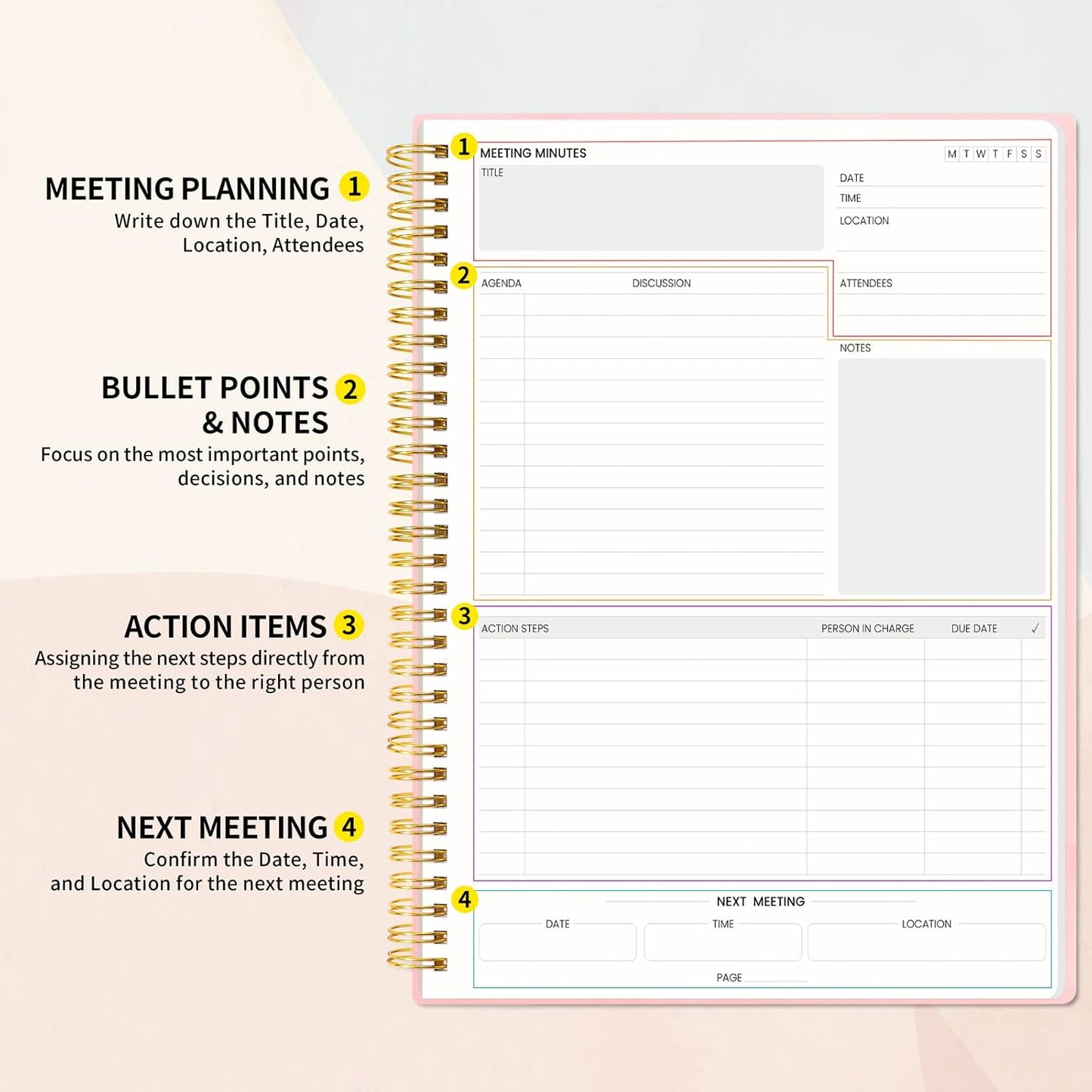 SUNEE Meeting Notebook for Work with Sticky Tabs - 160 Pages, A4 Size Project Planner, Spiral Meeting Agenda/Minutes Notebook Organizer for Women Men, Note Taking, Office & Business, 8.5"x11", Pink