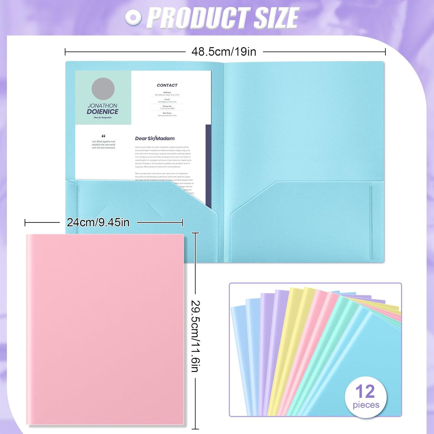 Gueevin 12 Pcs Plastic Folders with Pockets, Back to School Two Pocket Folder Fit Letter Size, Heavy Duty School Business Card Holder for Home Office, 11. 61 x 9. 45 Inches (Pastel)