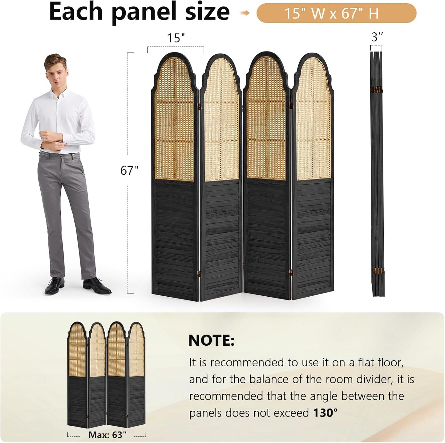 4 Panel Rattan Room Divider Panel, 5.6Ft Partitions and Dividers, Louvered Partition Divider, Room Dividers Screen, Solid Wood Frame, Folding Screen, Bedroom, Family Room, Black
