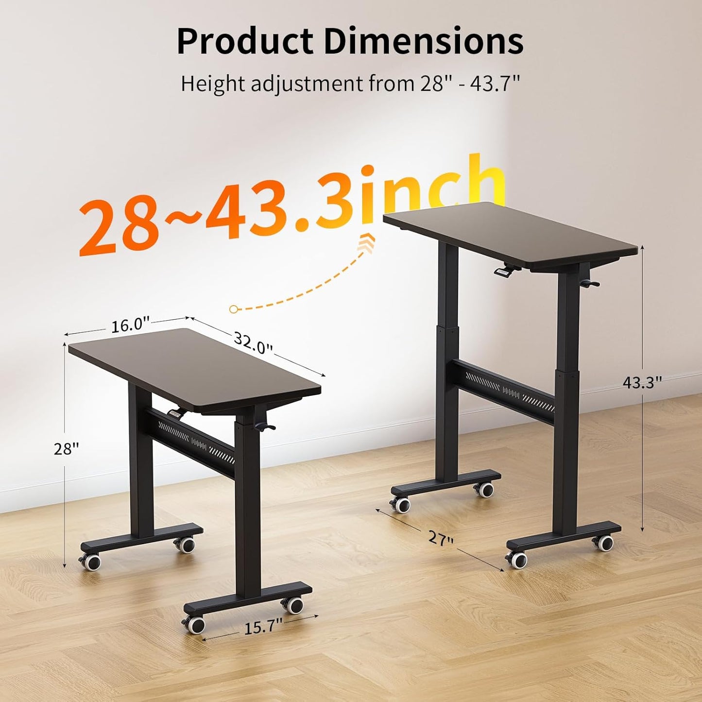 Mobile Walking Pad Desk with Wheels, Pneumatic Small Rolling Standing Desk Riser Height Adjustable (28-43.7") for Treadmill, Portable Computer Table for Home Office, Black