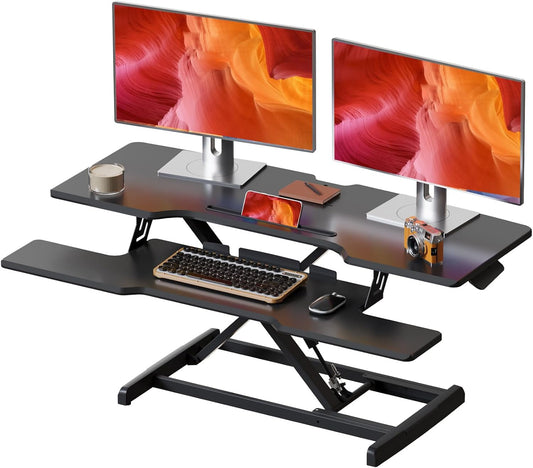 42 inch Standing Desk Converter, Height Adjustable Desktop Standing Desk with Keyboard Tray for Two Monitors, Sit to Stand up Desk Riser Computer Workstation for Home Office, Black