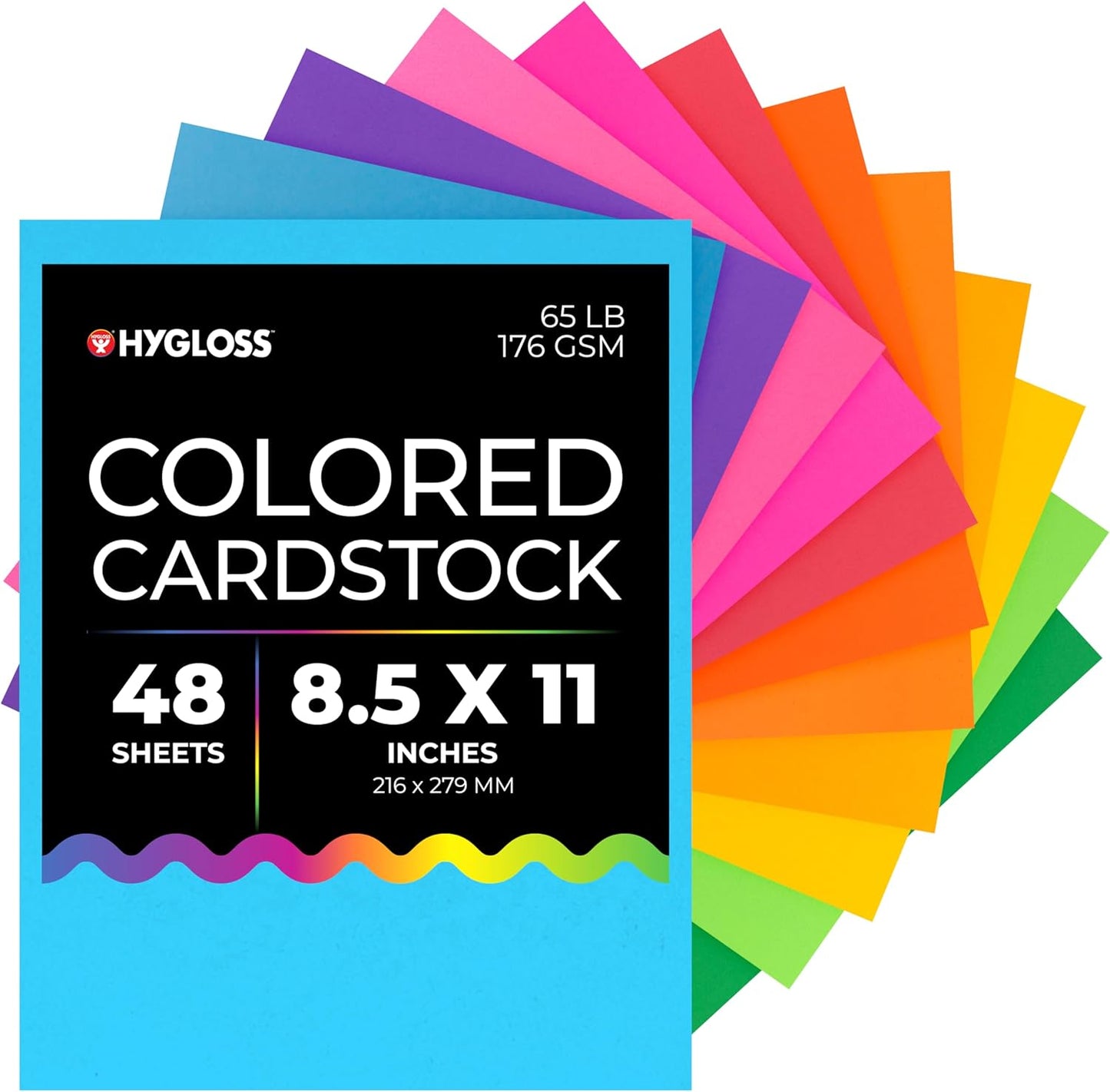 Hygloss Bright Colored Cardstock - 8.5x11-Inch, 12 Assorted Colors, 48 Sheets, 65 lb/ 176 gsm, Fade-Resistant, Acid-Free Color Card Stock Paper