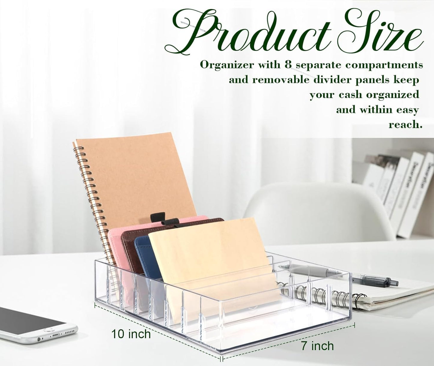 XUWAIDSGN Large Acrylic Cash Organizer 8 Section Clear Money Budget Tray Organizer Plastic Divider Bill Storage Holder for Cash Envelope (Clear)