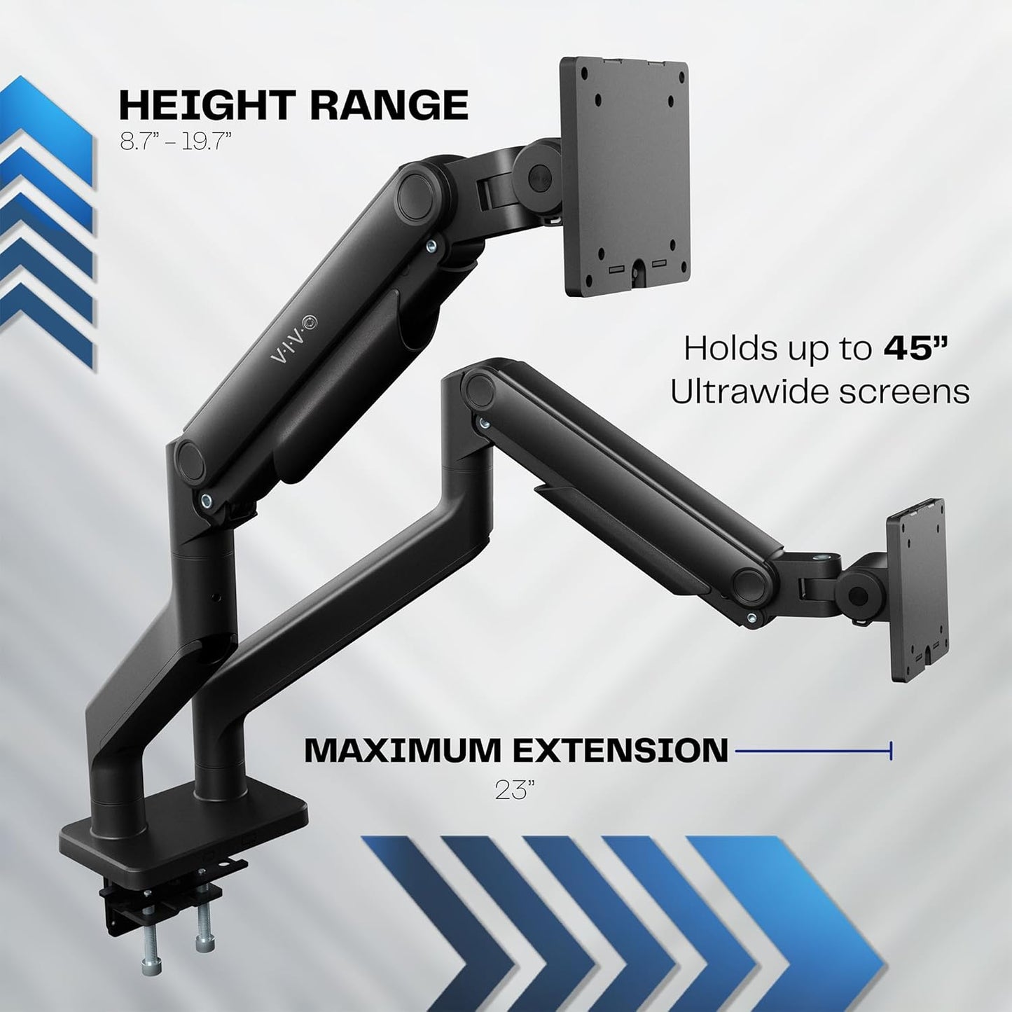 VIVO Heavy Duty Dual Ultra-Wide Monitor Tension Arm, Up to 45 inch Screens, Holds 44 lbs per Arm, Premium Desk Mount Monitor Stand for 2 Ultrawides, Black, STAND-V200V