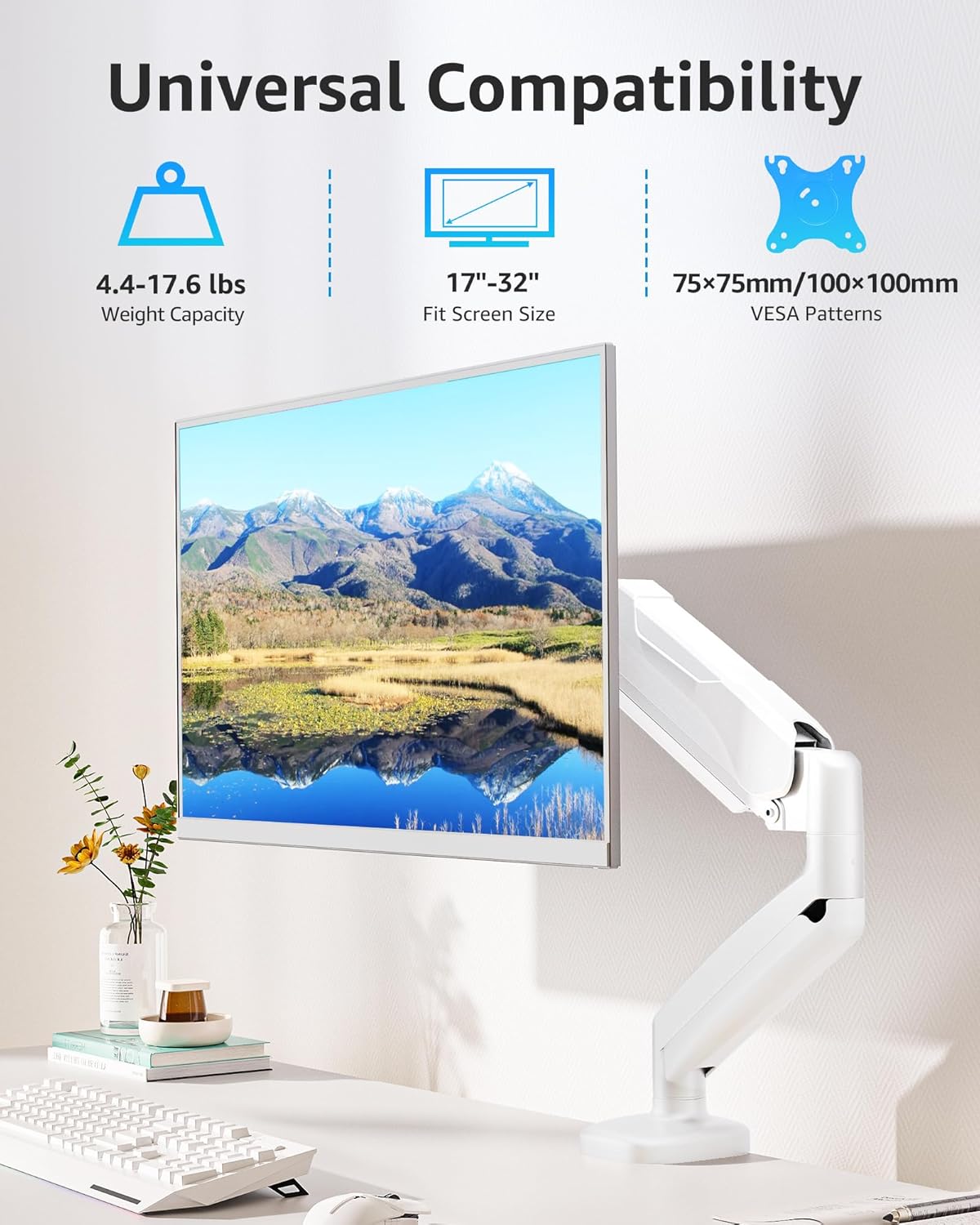 MOUNTUP Single Monitor Desk Mount, Adjustable Gas Spring Monitor Arm Support Max 32 Inch Screen, Computer Monitors Stand with Clamp/Grommet Mounting Base, VESA Mounts Fit 4.4-17.6lbs Computer, White