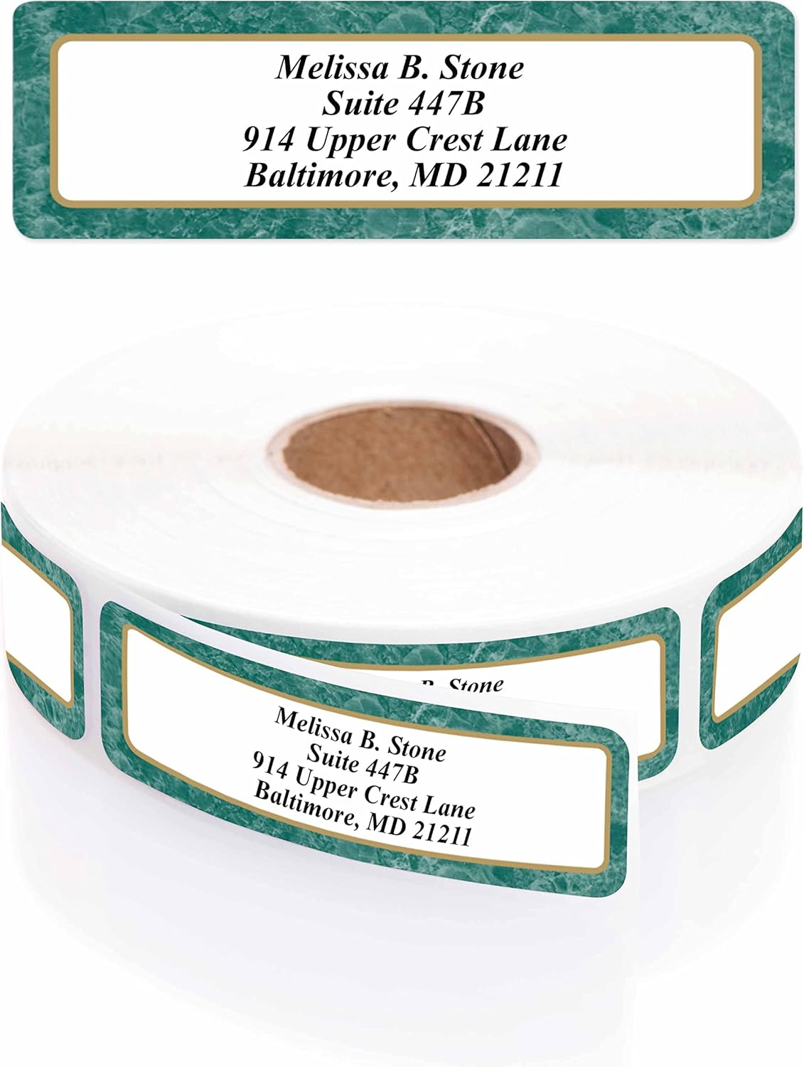 Green Marble Designer Rolled Name & Address Labels with Elegant Plastic Dispenser