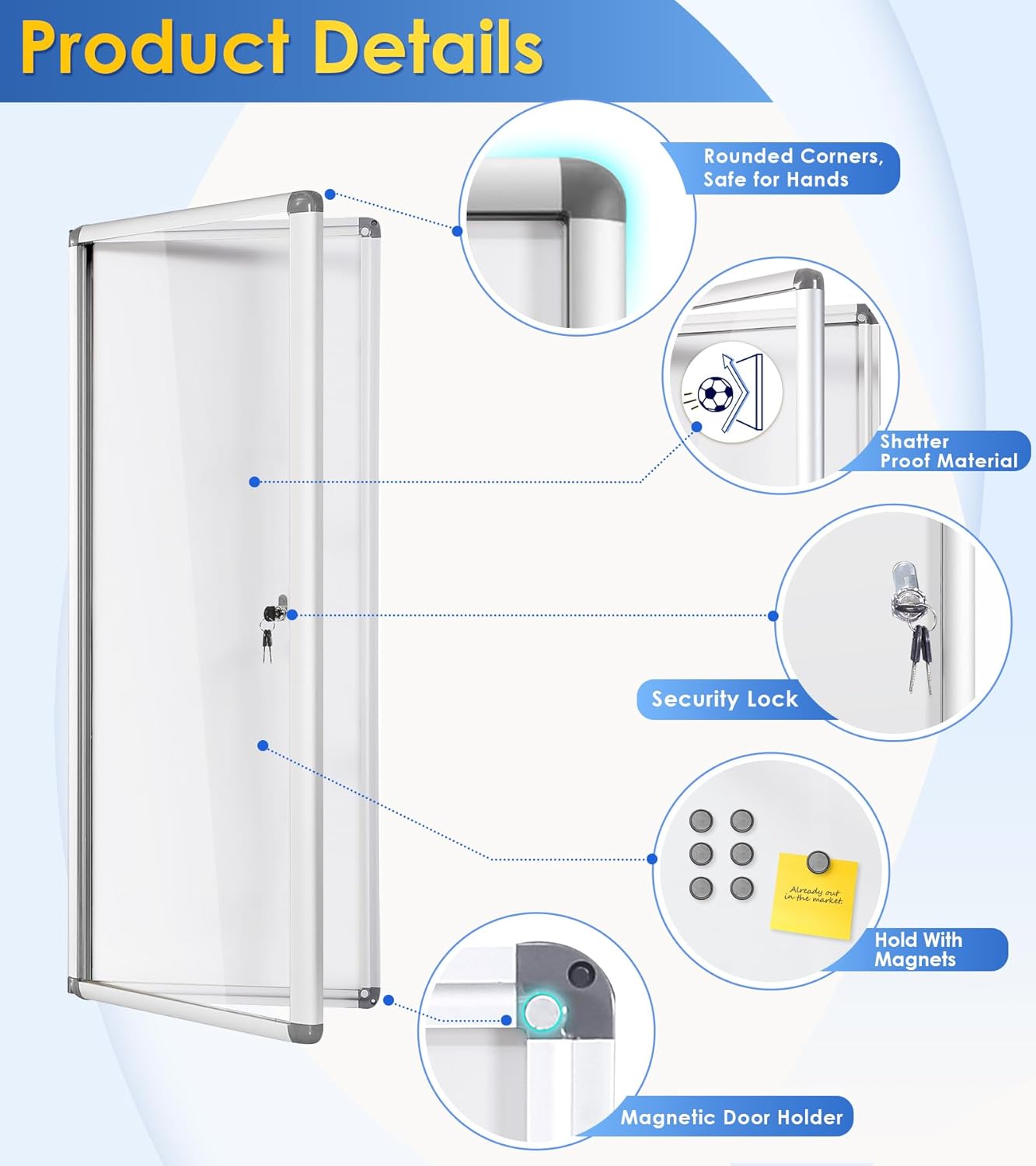 SWANCROWN Enclosed Bulletin Board Magnetic Dry Erase Noticeboard Lockable Display Boards White with Aluminium Frame 38x14inch(4xA4)