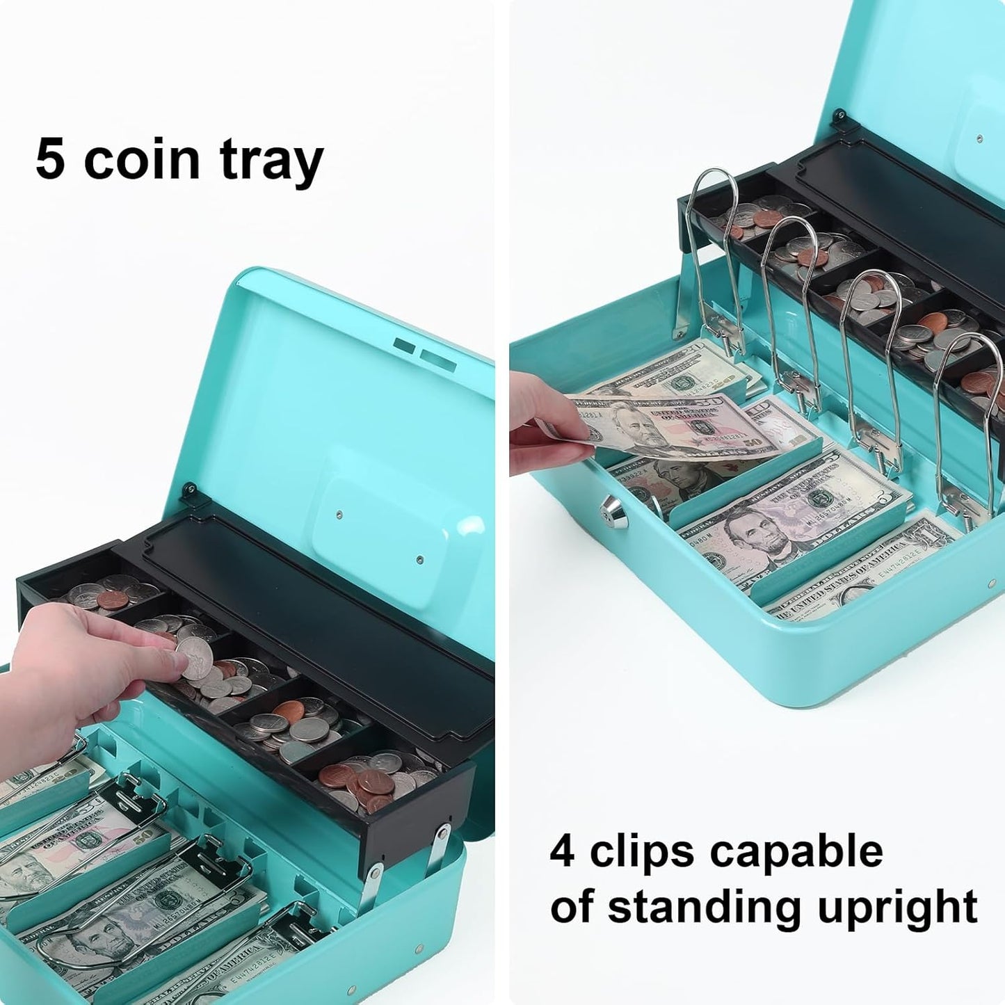 Jssmst Locking Metal Cash Box with Coin Lid, 11.8L x 9.5W x 3.5H Inches, Safe Money Box with Key Lock, Light Blue, SM-CB0519LB