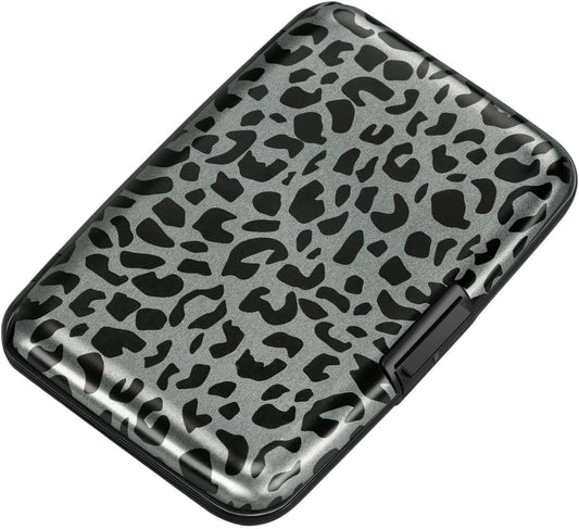 ELFISH Mini RFID Aluminum Wallet Credit Cards Holder Business Card Case Metal ID Case for Men Women(Black Leopard Print)