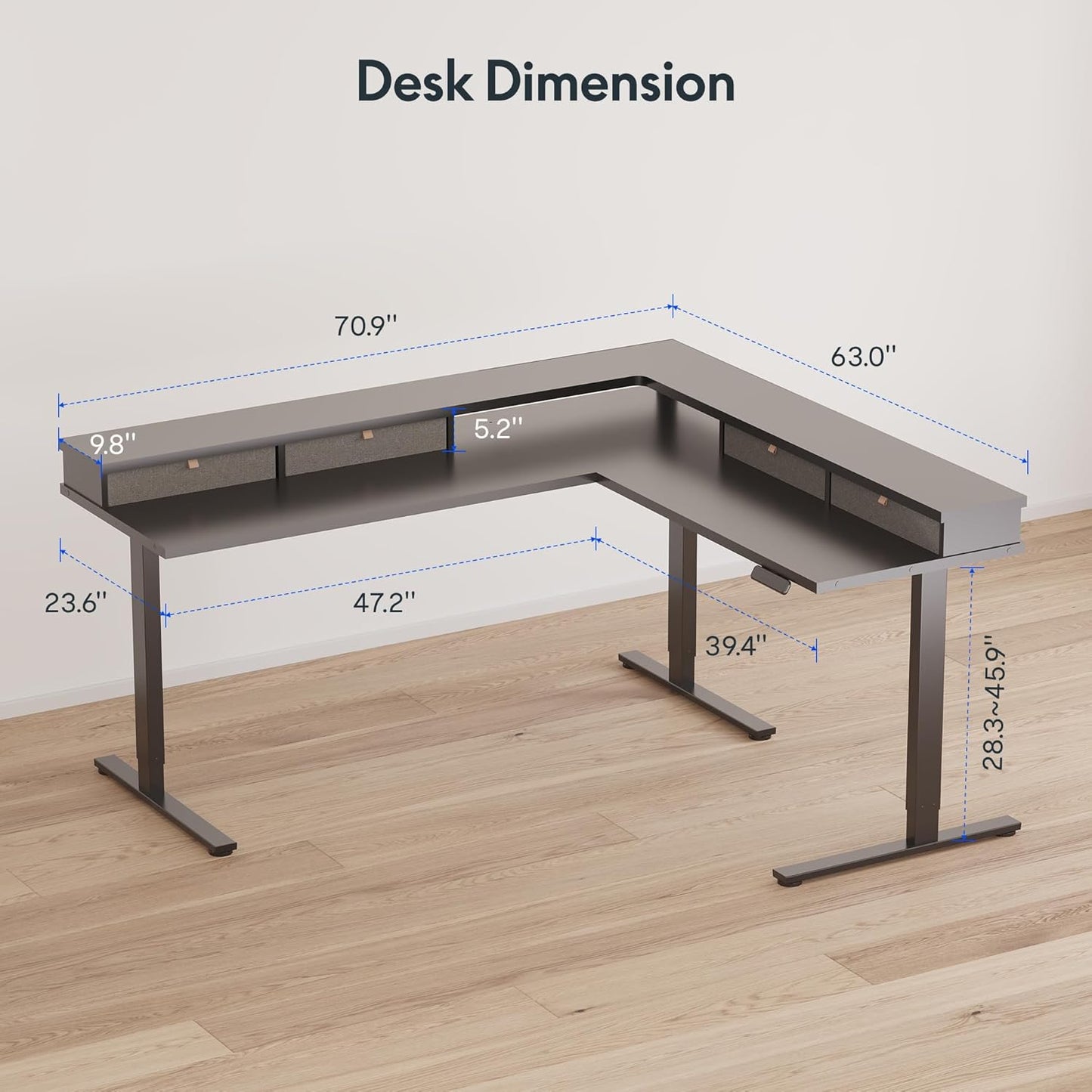 FLEXISPOT 71" Large L Shaped Standing Desk Electric Corner Table with Shelf, 4 Storage Drawers, Adjustable Computer Workstation for Home, Office, Game, Studio, Black Top + Black Frame