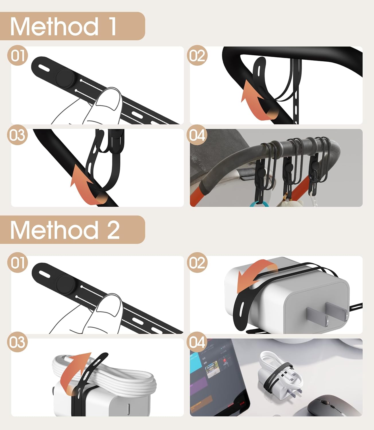 Nearockle Latest Double-Sided Silicone Cable Ties, 12Pcs Reusable Cord Organizer for Bundling Phone Charger and USB Cable, Multifunctional Organizer for Travel Home (Black)