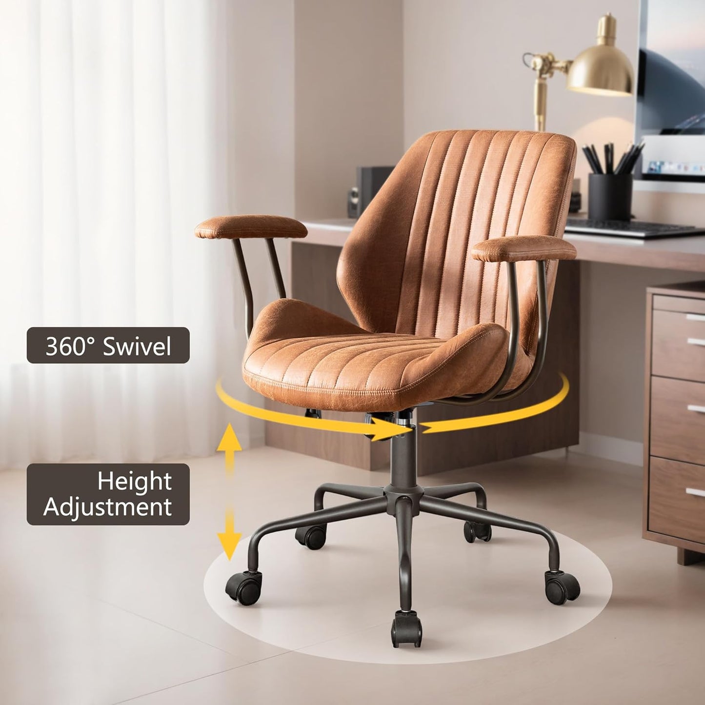 Mid Century Modren Office Chair - Mid Back Swivel Executive Chair with Lumbar Support,Ergonomic Computer Desk Chair with Wheels,Faux Lether Suede Task Chair,350lbs (Brown, Mid Back)