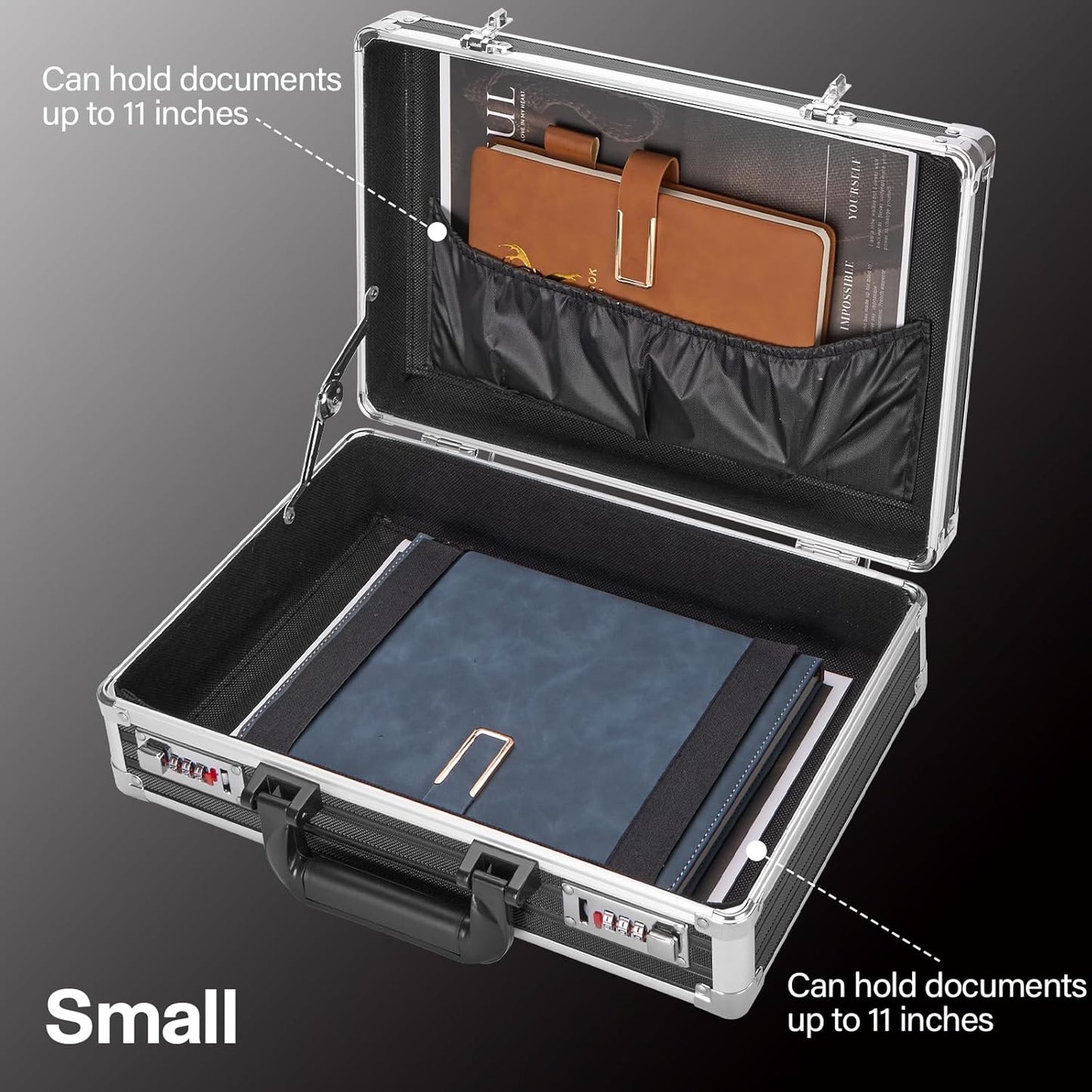 Medium Portable Locking Storage Totes - 14.2 x 9.8 x 4.5 Inch, Black, Modern Aluminum Storage Box with Dual Combination Locks