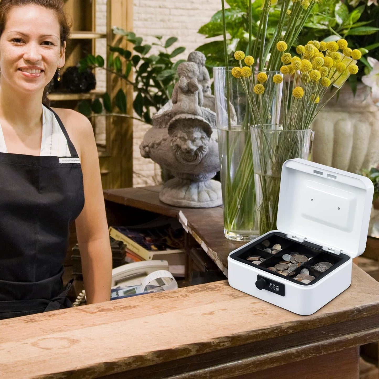 KYODOLED Cash Box with Combination Lock,Safe Metal Box for Money,Storage Lock Box with Money Tray,7.87"x 6.30"x 3.54" White Medium