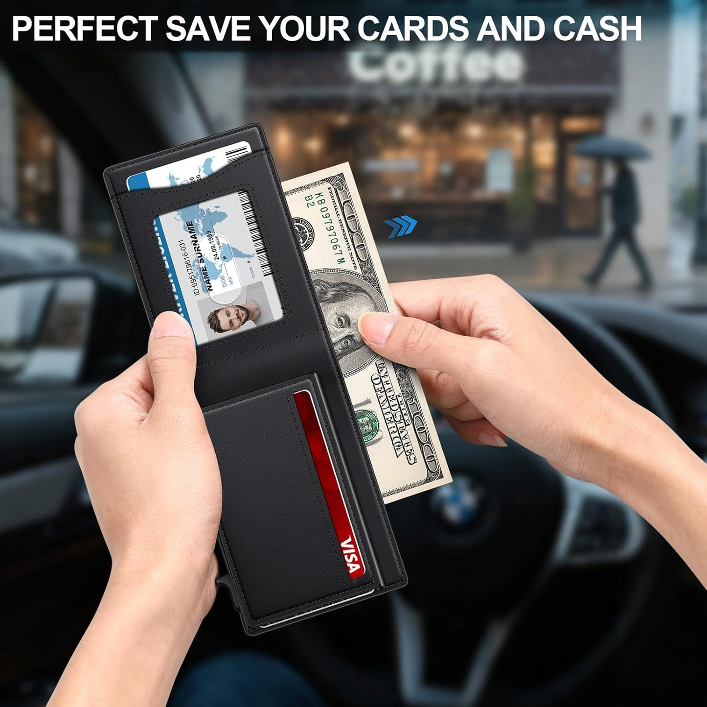 Wallet for Men Wallet with Slim Pop Up Card Holder for 12-14 Cards, RFID Blocking Bifold Minimalist Smart Wallet, Credit Card Holder with ID Window & Cash Slot, Compact Metal Card Case, Gifts for Men