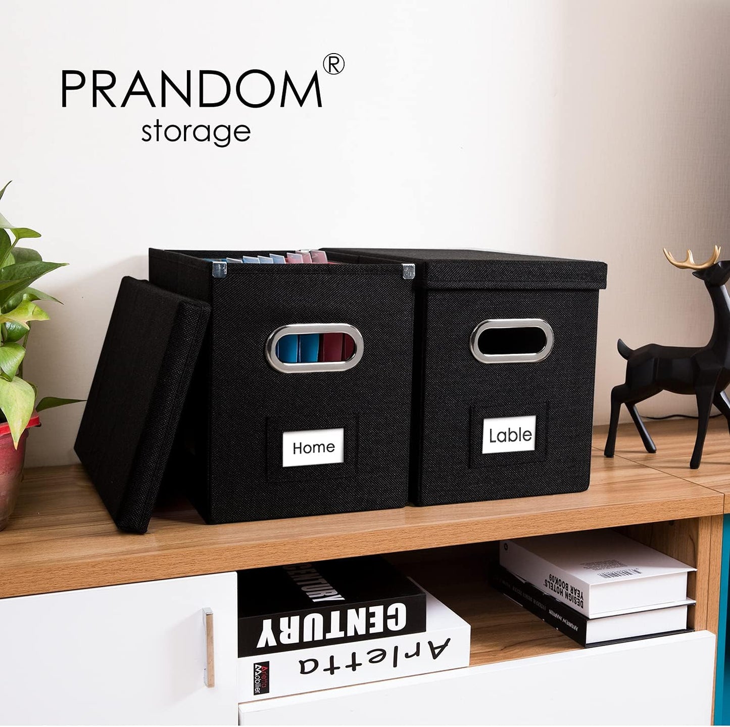 PRANDOM File Organizer Box - Set of 1 Collapsible Decorative Linen Filing Storage Hanging File Folders with Lids Office Cabinet Letter Size Black (14x9.3x10.8 inch)
