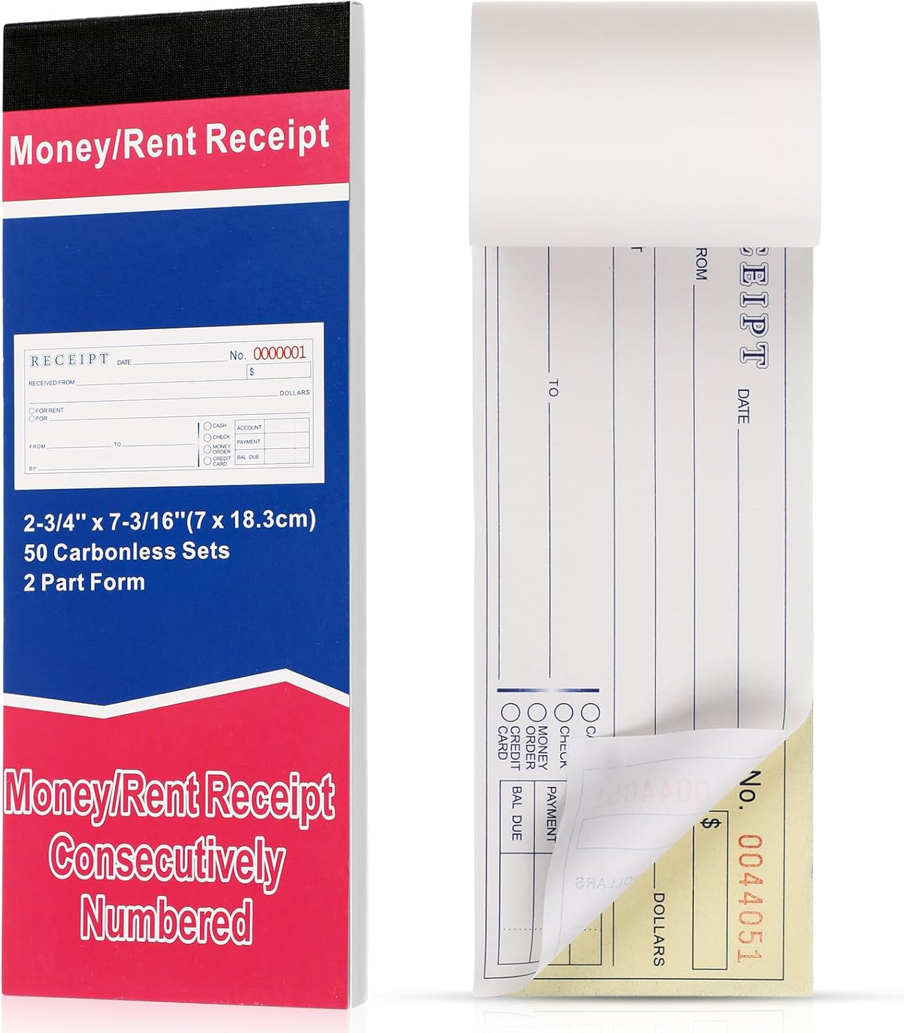 Crtiin 1 Pad Money and Rent Receipt Book 2.75 x 7.2 Inch Bound Cover 2 Part Carbonless Receipt Book with Carbonless Copies Receipt Log Book 50 Sets Per Book
