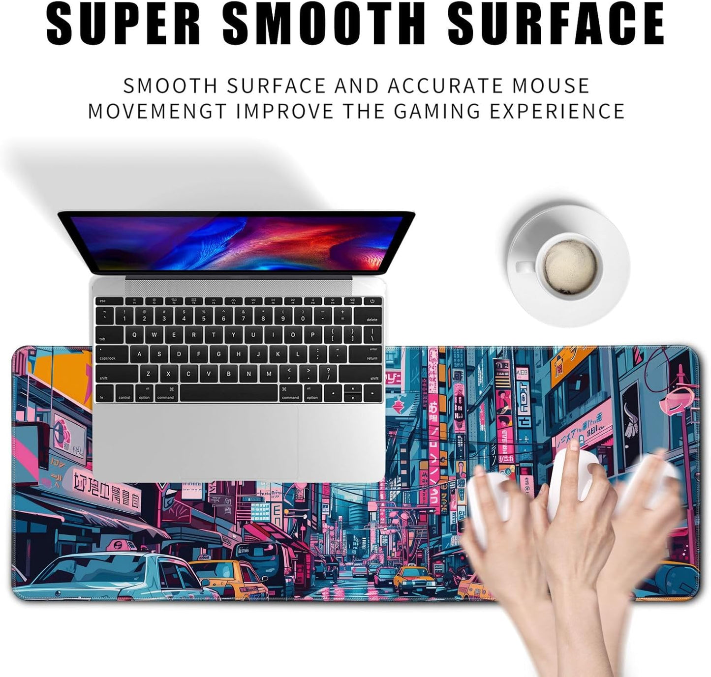 Japanese Mouse Pad Desk Pad 80s City Desk Decor Mat, Large Gaming Mouse Pad for Desk Computer Keyboard Laptop, Desk Decor Home Office Accessories (31.5x11.8 in)-with Stitched Eges Pad