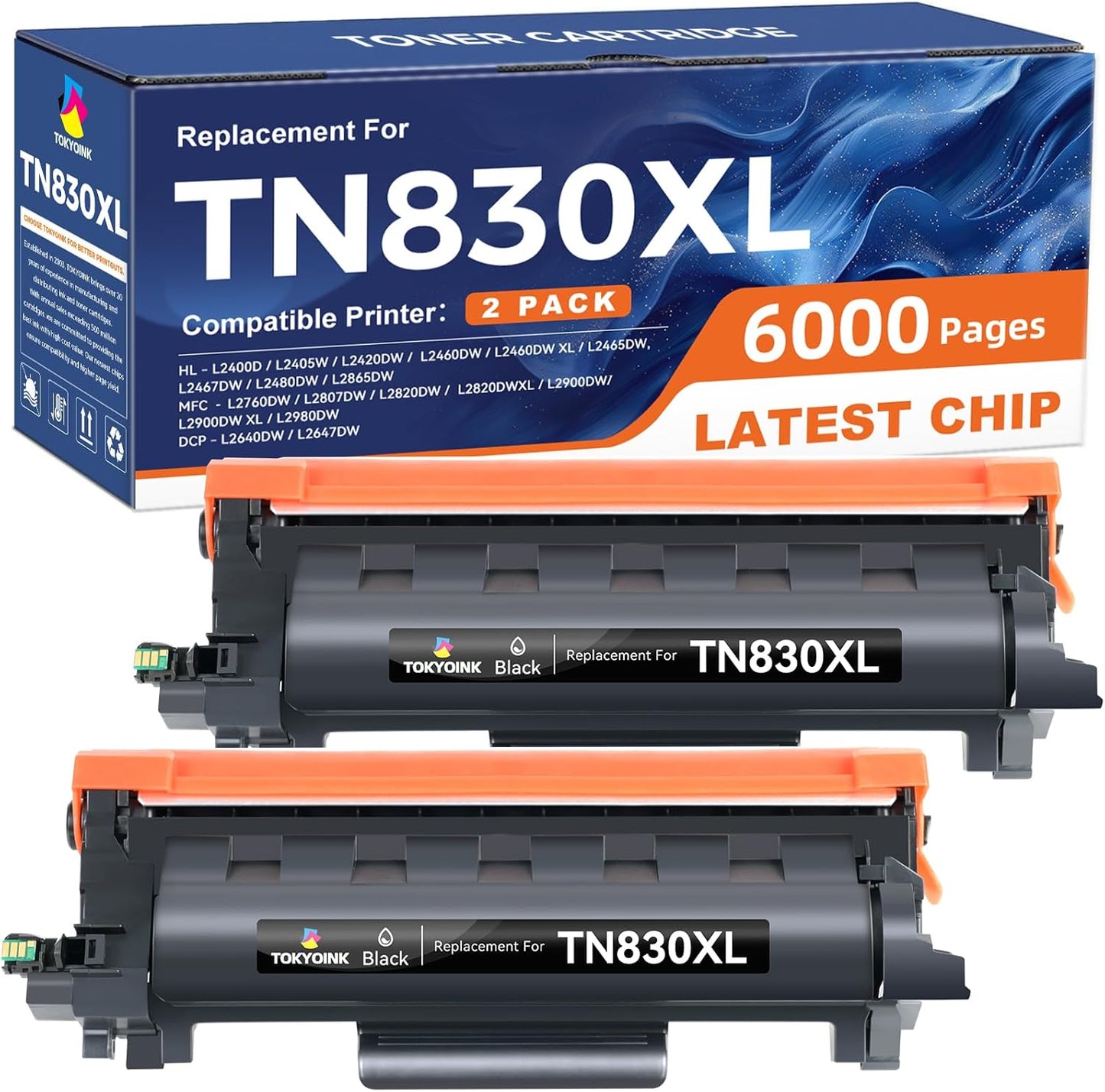 Compatible TN830XL Toner Replacement for Brother TN830XL TN830 XL Toner use with HL-L2460DW HL-L2405W HL-L2480DW HL-L2400D MFC-L2820DW MFC-L2820DW XL DCP-L2640DW Printer (2 Pack Black)