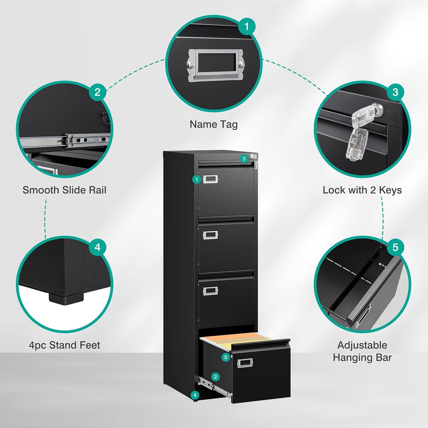 SISESOL 4 Drawer File Cabinet with Lock and Tag,Black Vertical File Cabinet,Narrow Locking Filing Cabinets with Drawers,Metal Filing Storage for Home Office Fit A4 Legal/Letter Size