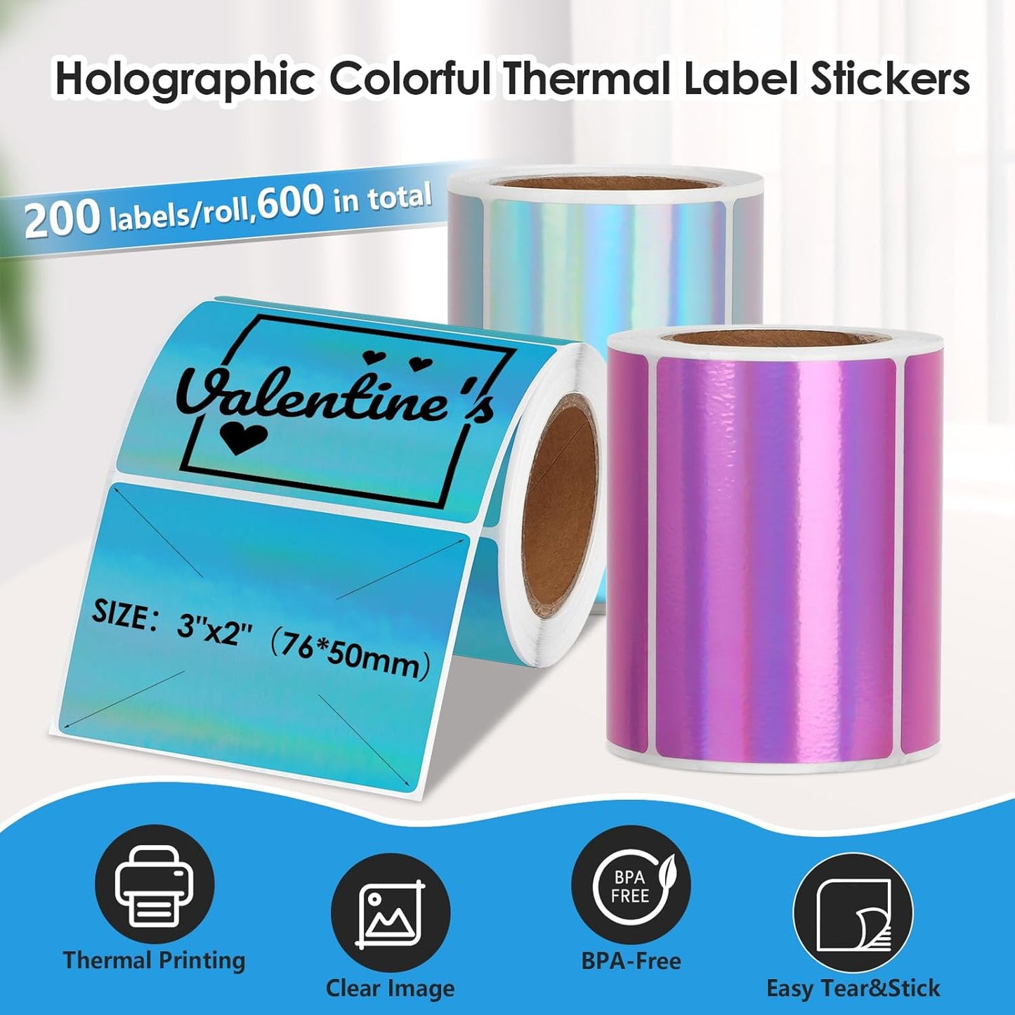 3x2'' Holographic Thermal Labels,3 Rolls Square Label Sticker for Phomemo 241BT for MUNBYN 130B/RW402B Printer,600Pcs Waterproof Label Paper for Address/Logo/Barcode/Price/Thanks