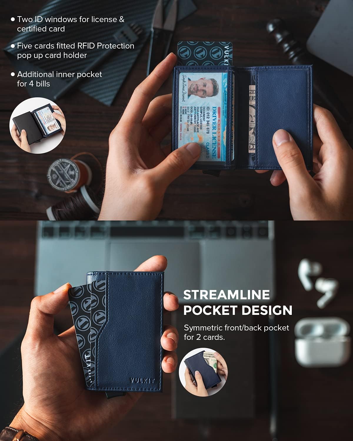 VULKIT Card Holder Wallet with Double ID Windows RFID Blocking Pop Up Wallet Minimalist Design for 12 Cards