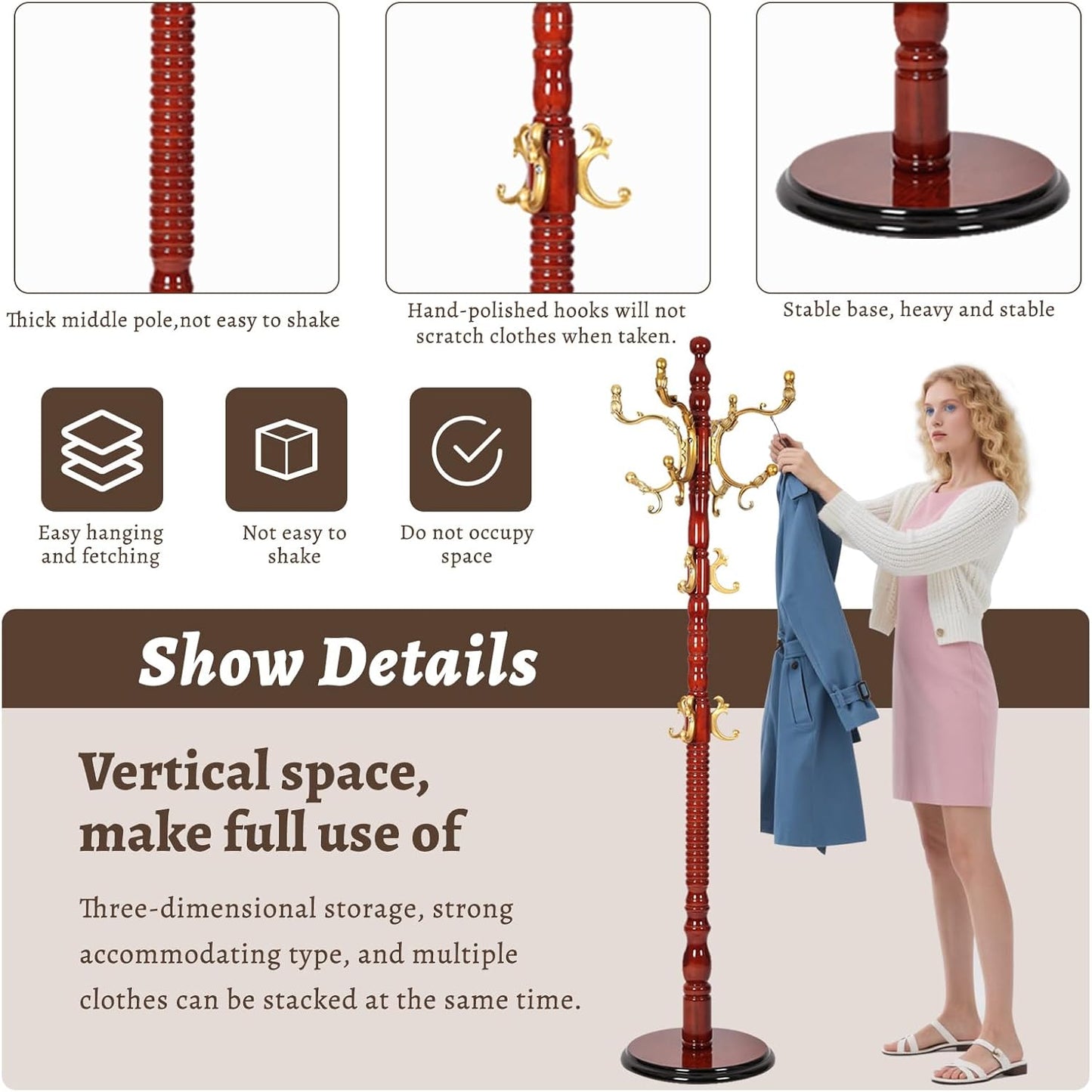 Wooden Coat Rack Freestanding with Resin Hooks, Adjustable Heavy Duty Stand for Hanging Coats, Bags, Hats, and Umbrellas in Living Room, Bedroom, Entryway (Begonia wood color)