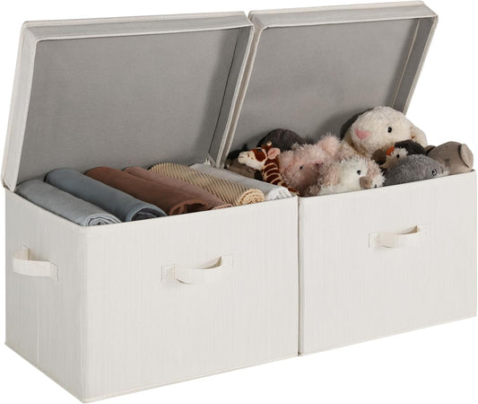 StorageWorks Closet Storage Bin with Lids, Decorative Storage Boxes with Handles, Fabric Storage Bins for Clothes, Jumbo, Mixing of Beige, White & Ivory, 2-Pack
