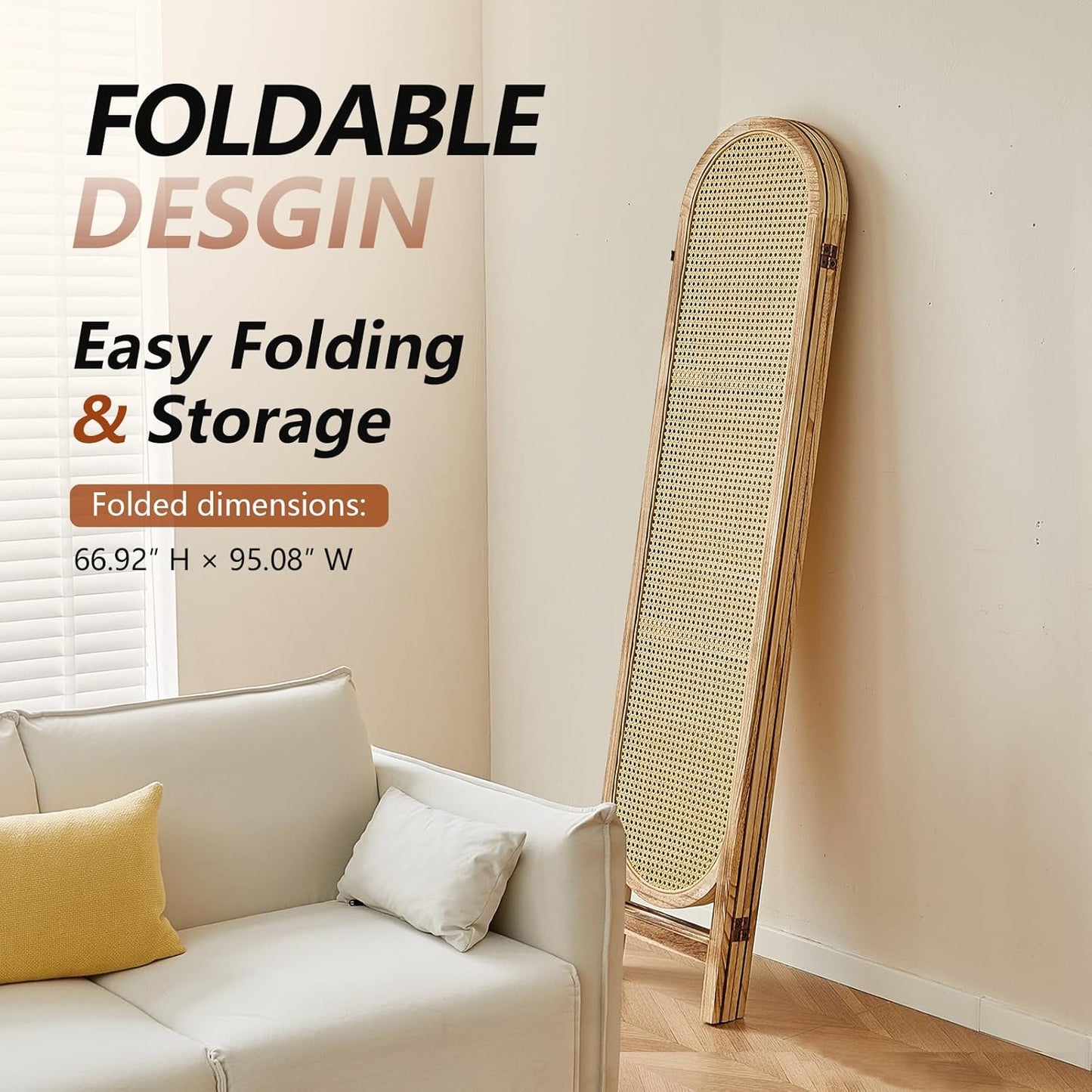 6 Panel Room Divider, 5.6 Ft Foldable Wood Room Divider Screen, Hand-Woven Rattan Folding Privacy Screens with Double Hinges, Wall Divider for Room Separation Bedroom Home Office - Natural