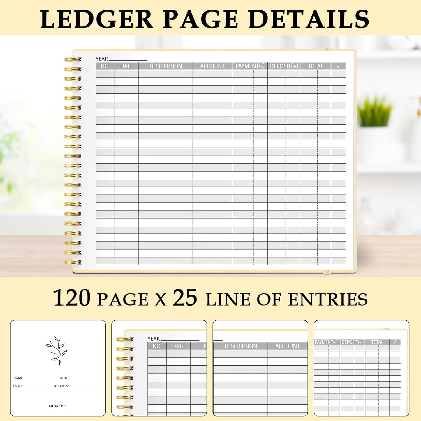 Accounting Ledger Book for Small Business & Personal Use, Horizontal Expense Tracker Notebook Ledger Book for Bookkeeping, Financial Income and Expense Log Book 10.2" x 8", Light Yellow