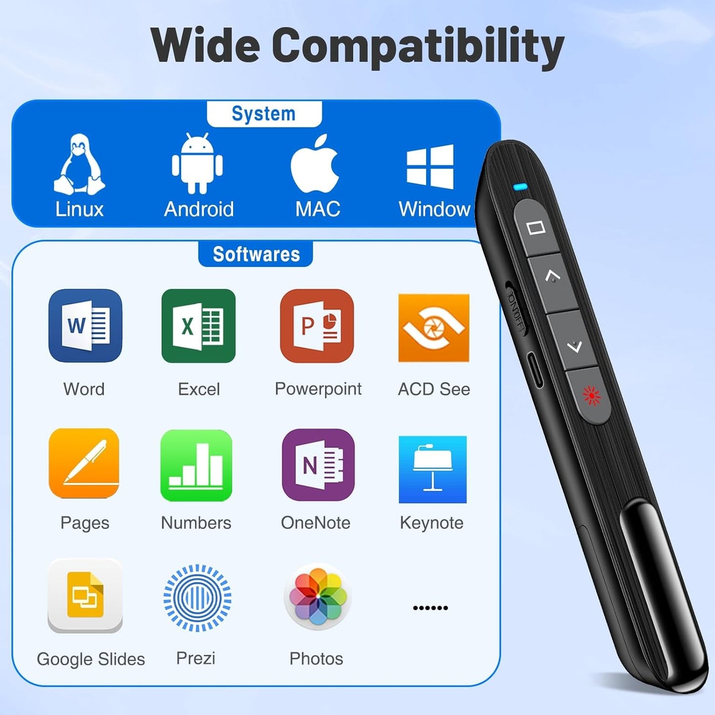 2-in-1 USB Type C Presentation Clicker with Red Light Pointer, Rechargeable Wireless Clicker for Powerpoint Presentations Support Hyperlink Volume Control, Presentation Remote for Mac Windows Keynote