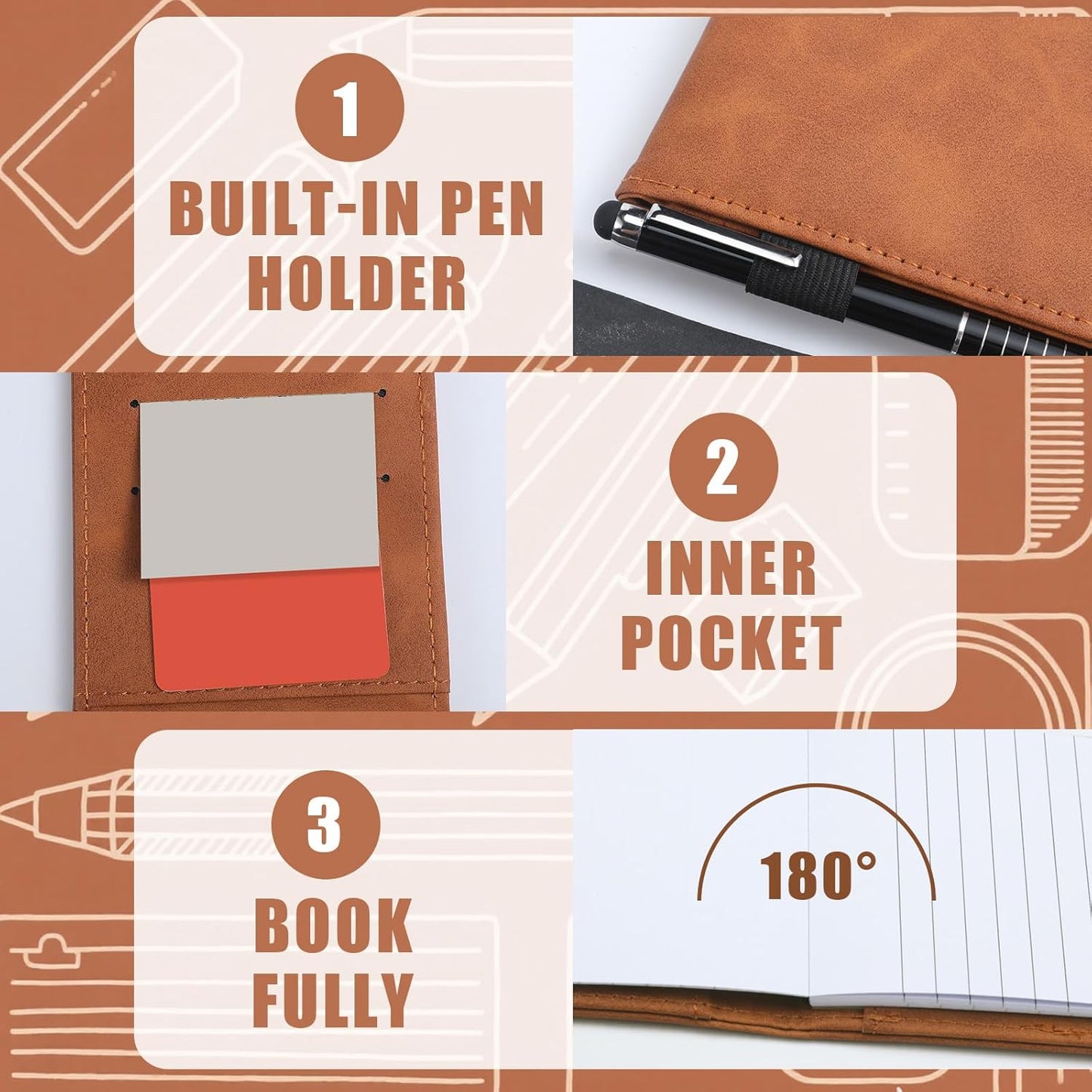 Outus 10 Pcs Mini Pocket Notepad Holder Set Included Mini Pocket Notepad Holder with 50 Lined Sheets, Metal Pen, 8 Pcs 3 x 5 Inch Memo Book Refills, 30 Lined Paper Per Note Pad (Camel，white)