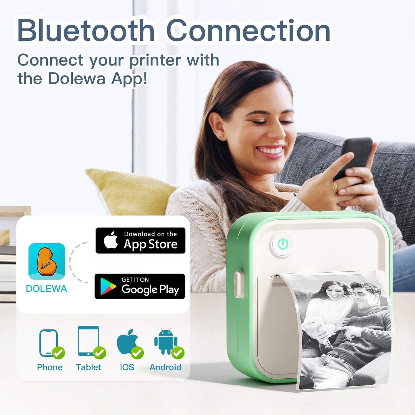 Label Maker Machine, HD Mini Sticker Printer with 7 Rolls Paper, Portable Thermal Print Pod Supports 12-57mm Papers,Bluetooth Pocket Printer for Home,Kitchen,School (Green)