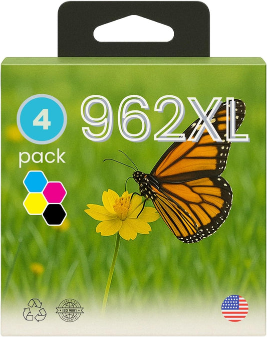4 Pack Compatible 962XL Remanufactured HP Ink Cartridge 4 Pack 962. Includes Black, Cyan, Magenta and Yellow. Working with OfficeJet Pro 9015e, OfficeJet Pro 9010, OfficeJet Pro 9025e.
