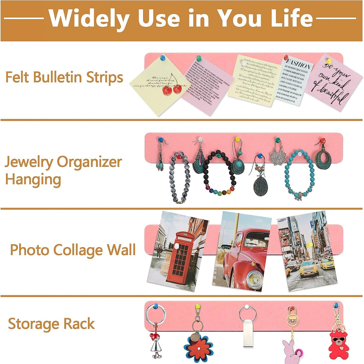 Felt Pin Board Bar Strips Bulletin Board for Bedrooms Offices Home Wall Decoration, Notice Board Self Adhesive Cork Board with 35 Push Pins for Paste Notes, Photos, Schedules