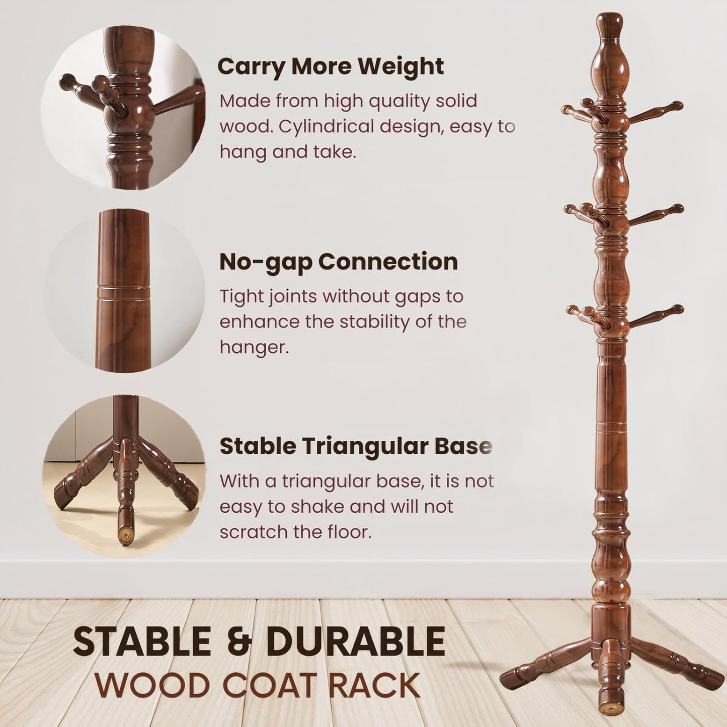 Coat Rack, Natural Wood Coat Racks with 3 Height Options and 9 Hooks,Coat Tree Ease of Assembly,Freestanding Hall Tree for Home/Office/Entryway/Hallway (Walnut)