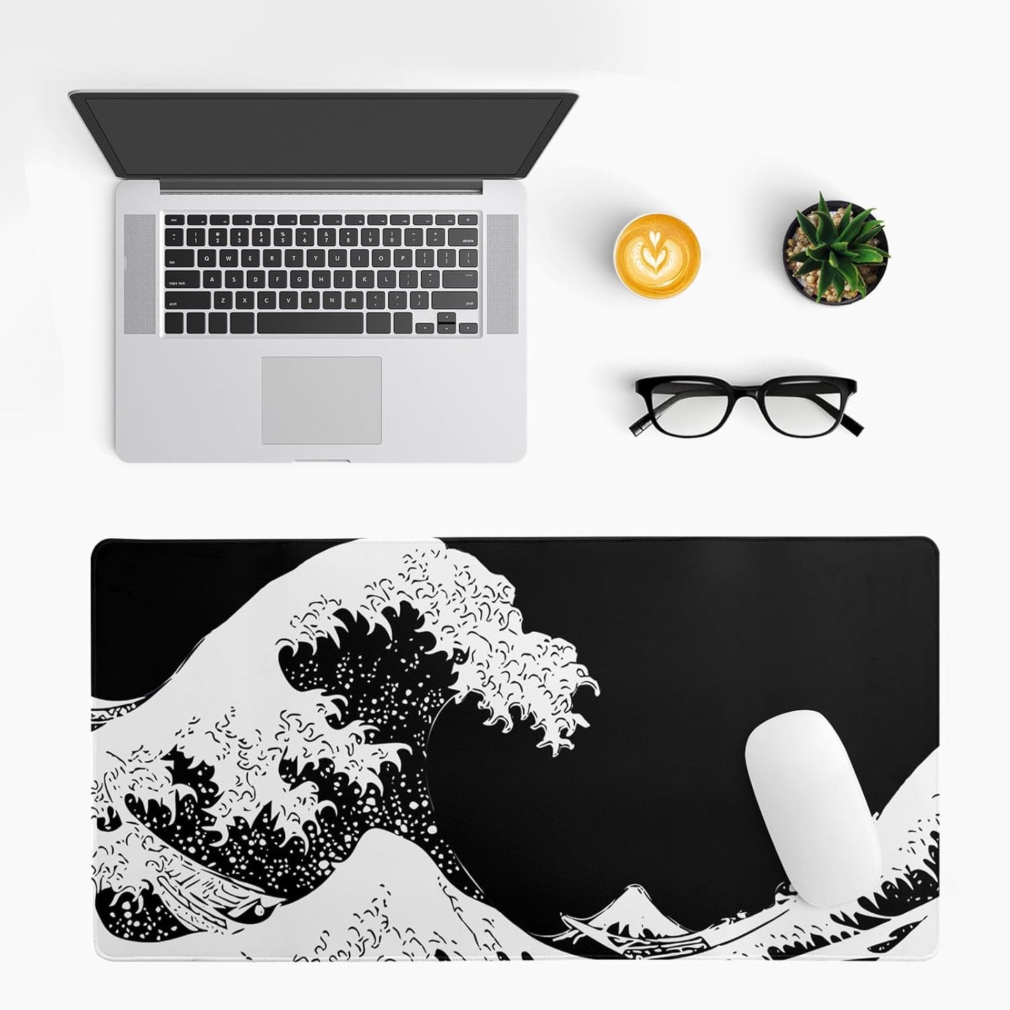 Japanese Sea Wave Large Mouse Pad, Abstract Black Gaming Mousepad, Extended Kanagawa Mat Desk Pad, 3mm Thick Long Non-Slip Rubber Base Mice Pad for Office and Home, 27.6x11.8 Inch