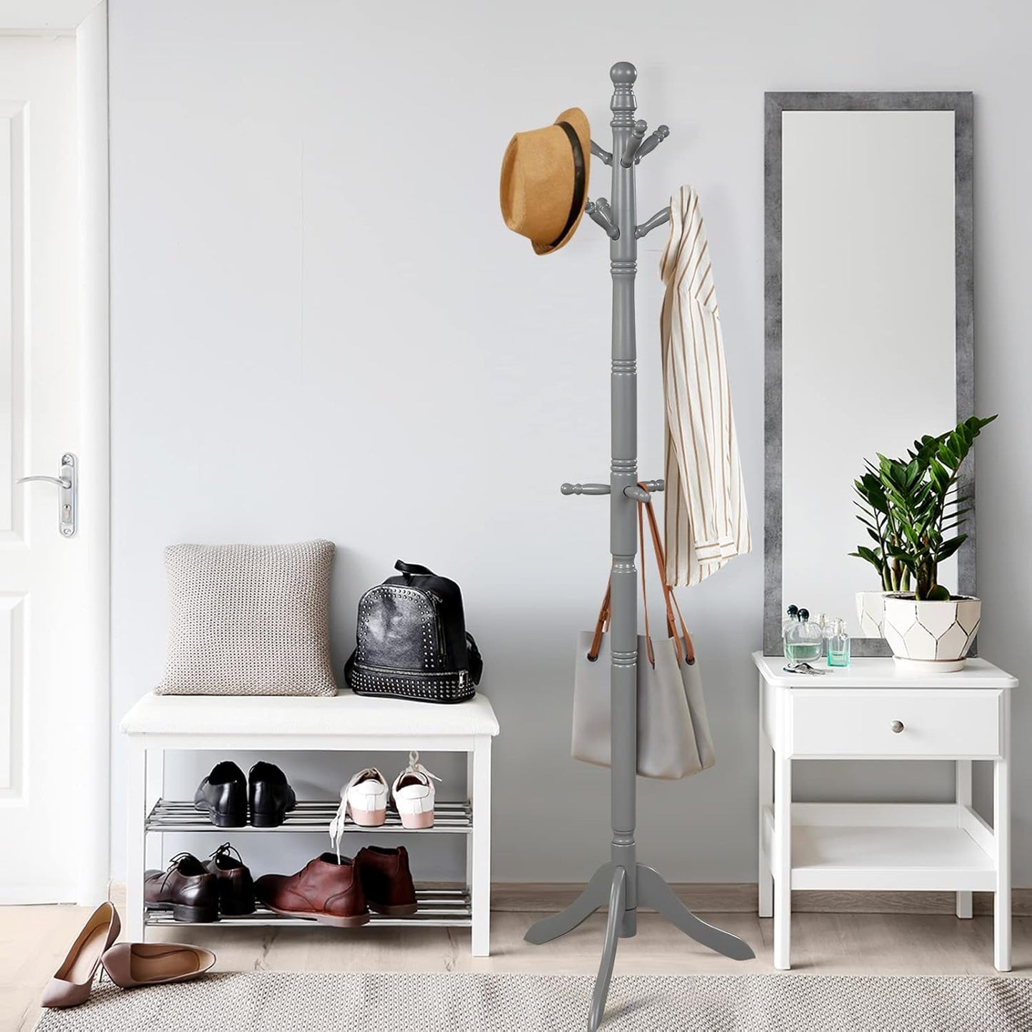 Tangkula Wood Coat Rack Freestanding, Entryway Height Adjustable Coat Stand with 9 Hooks & Stable Tri-Legged Base, Rubber Wood Coat Tree Hall Tree Coat Hanger for Home Office Hall Entryway (Grey)