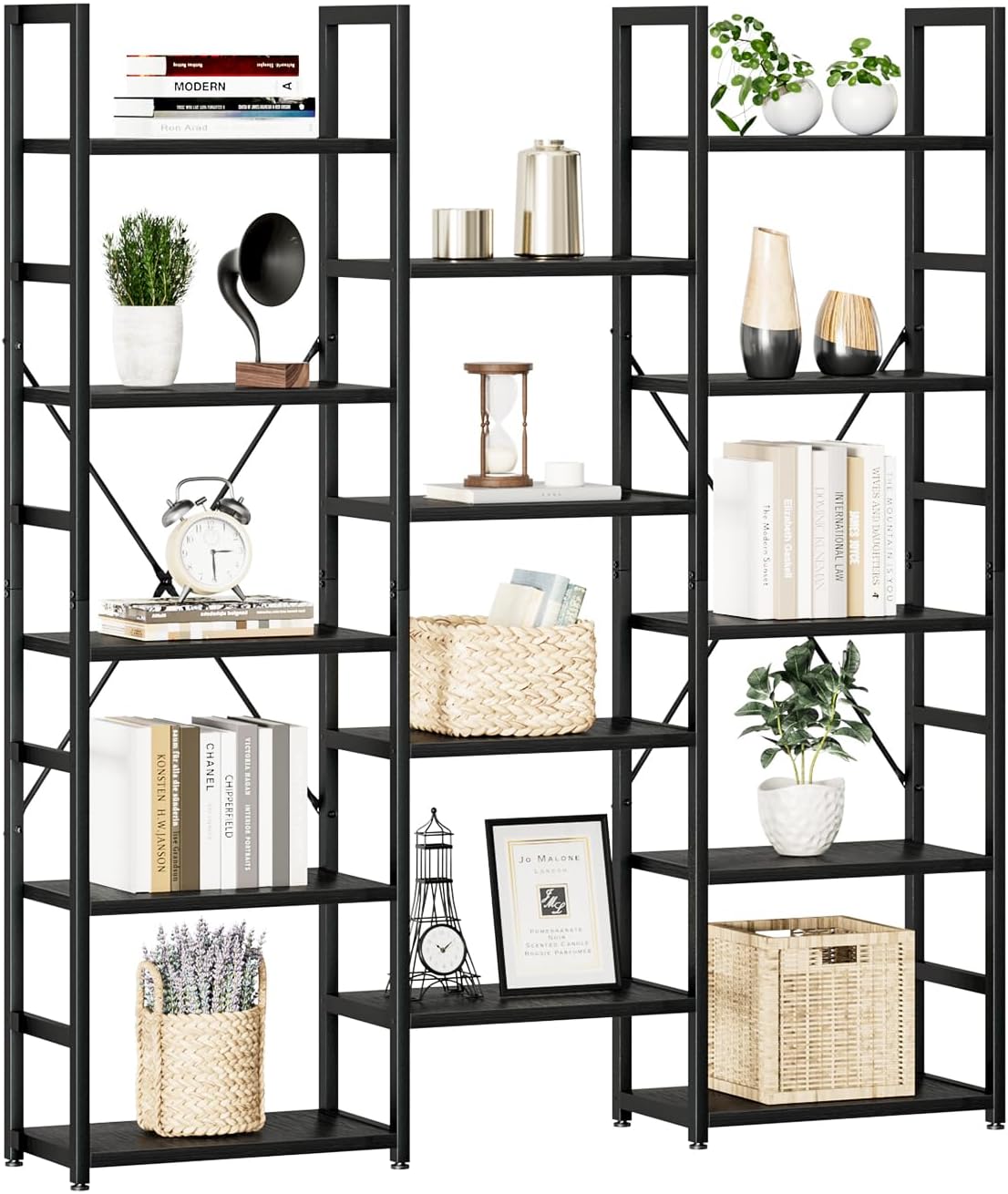 NUMENN Triple Column 5 Tier Bookshelf, Bookcase with 14 Open Display Shelves, Adjustable Rustic Industrial Style Book Shelves, Modern Bookshelves for Bedroom, Living Room and Home Office, Black