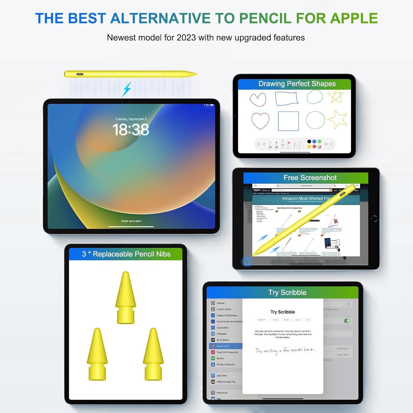 Pencil 2nd Generation Wireless Charging, HATOKU Pencil for iPad with Tilt & Palm Rejection, Magnetic Stylus Pen for ipad Air M3/3/4/5, iPad mini 5/6, ipad 6/7/8/9/10/11 Gen, ipad Pro 11/12.9 (Yellow)