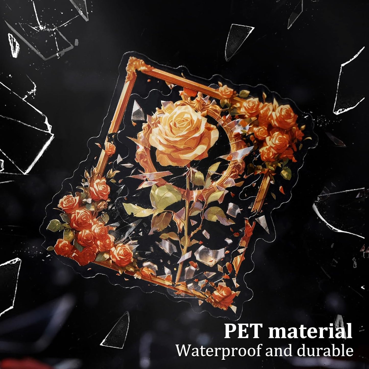 Broken Mirror Frame Stickers Set, 40PCS Gothic Rose PET Scrapbook Supplies for Journaling, DIY Crafts, and Planners