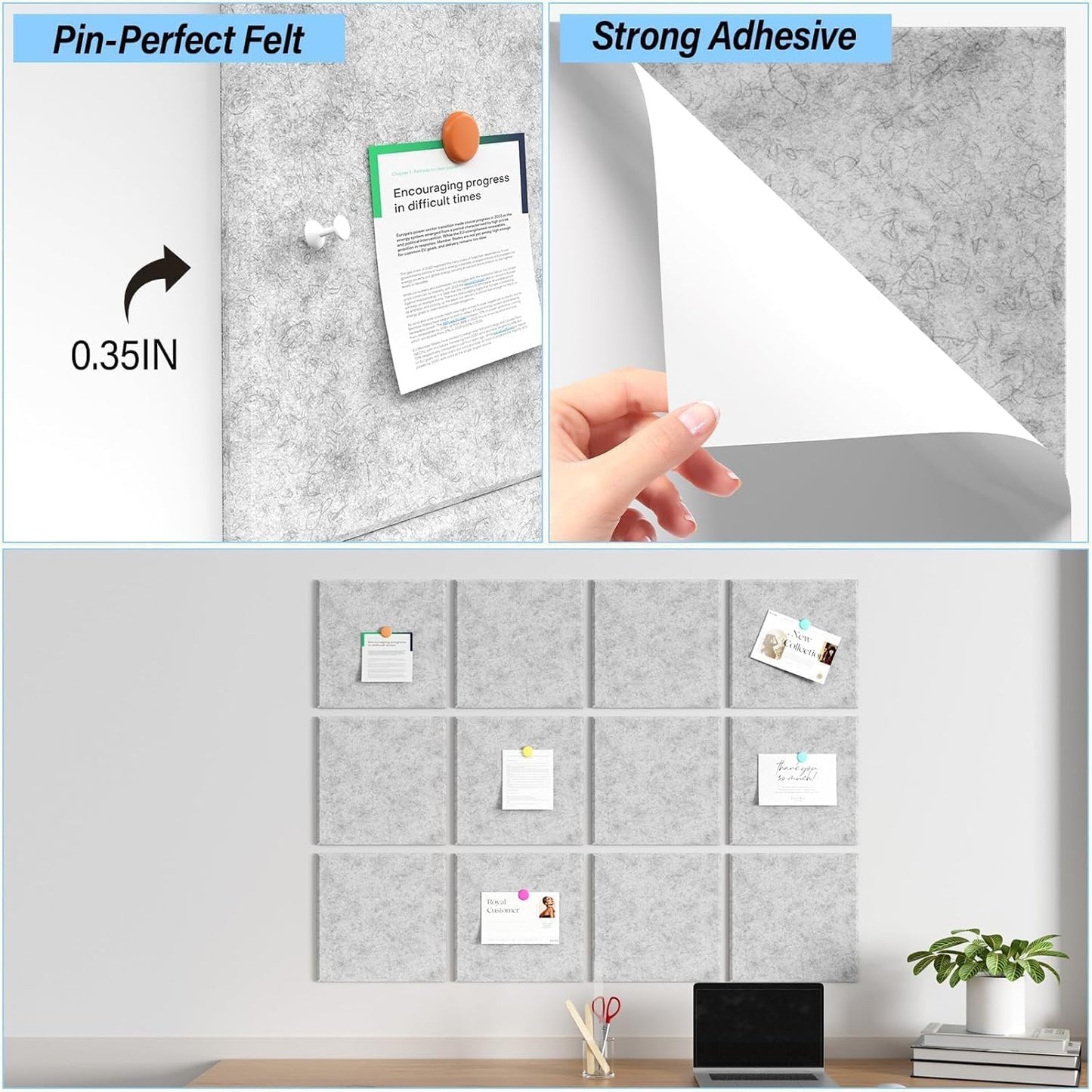 Large Cork Boards for Walls – 48 x 36 Self Adhesive Felt Wall Tiles, Ideal for Office Wall Organizing Bulletin Board, Easy to Install Cork Boards Felt Board